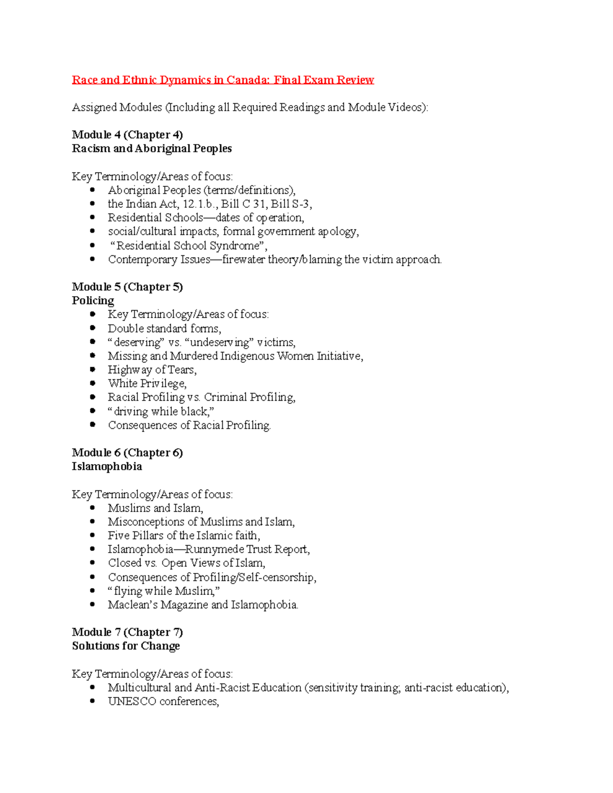 Final Exam Review Race and Ethnic Dynamics in Canada - Race and Ethnic ...