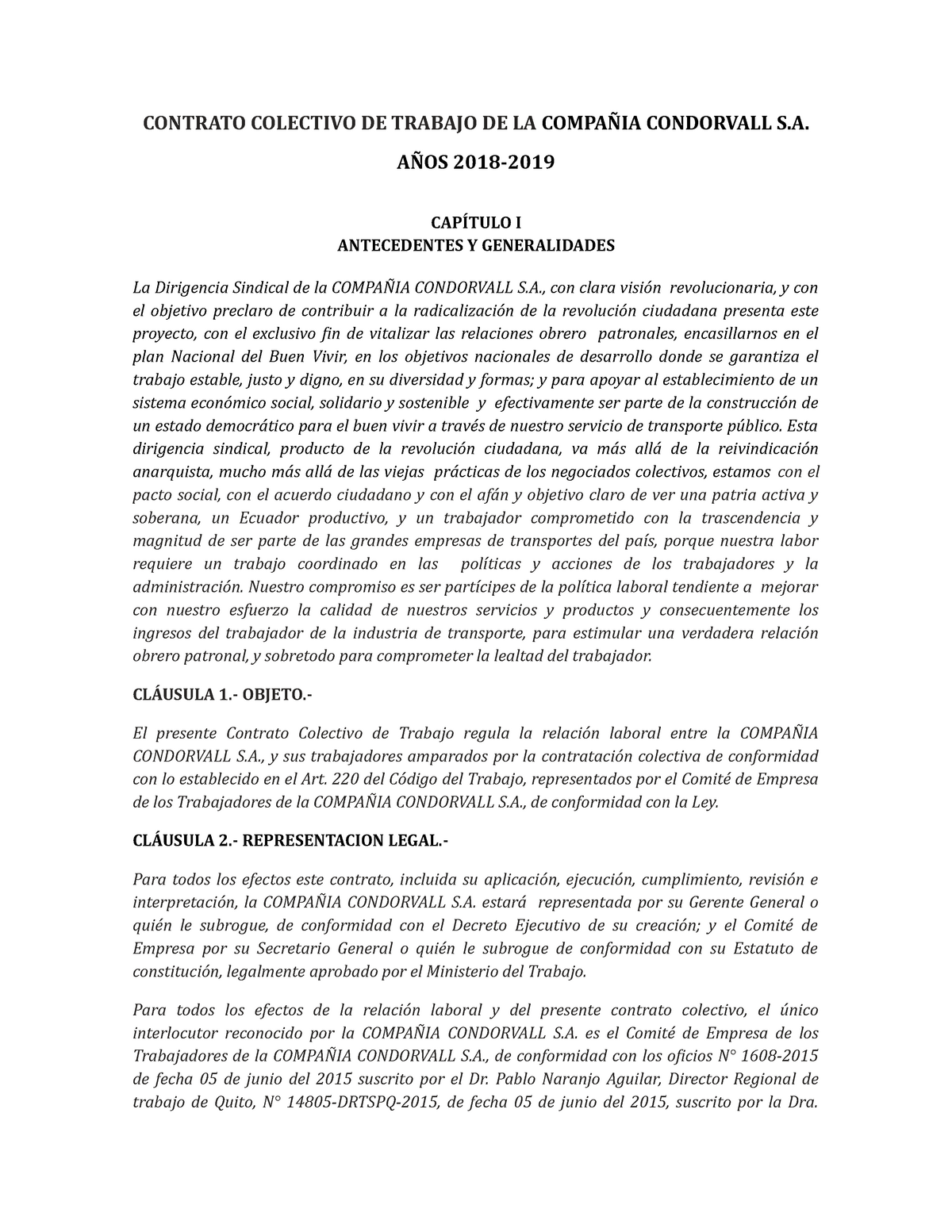 Contrato Colectivo Contrato Colectivo De Trabajo De La CompaÑia Condorvall S AÑos 2018 2019 3304