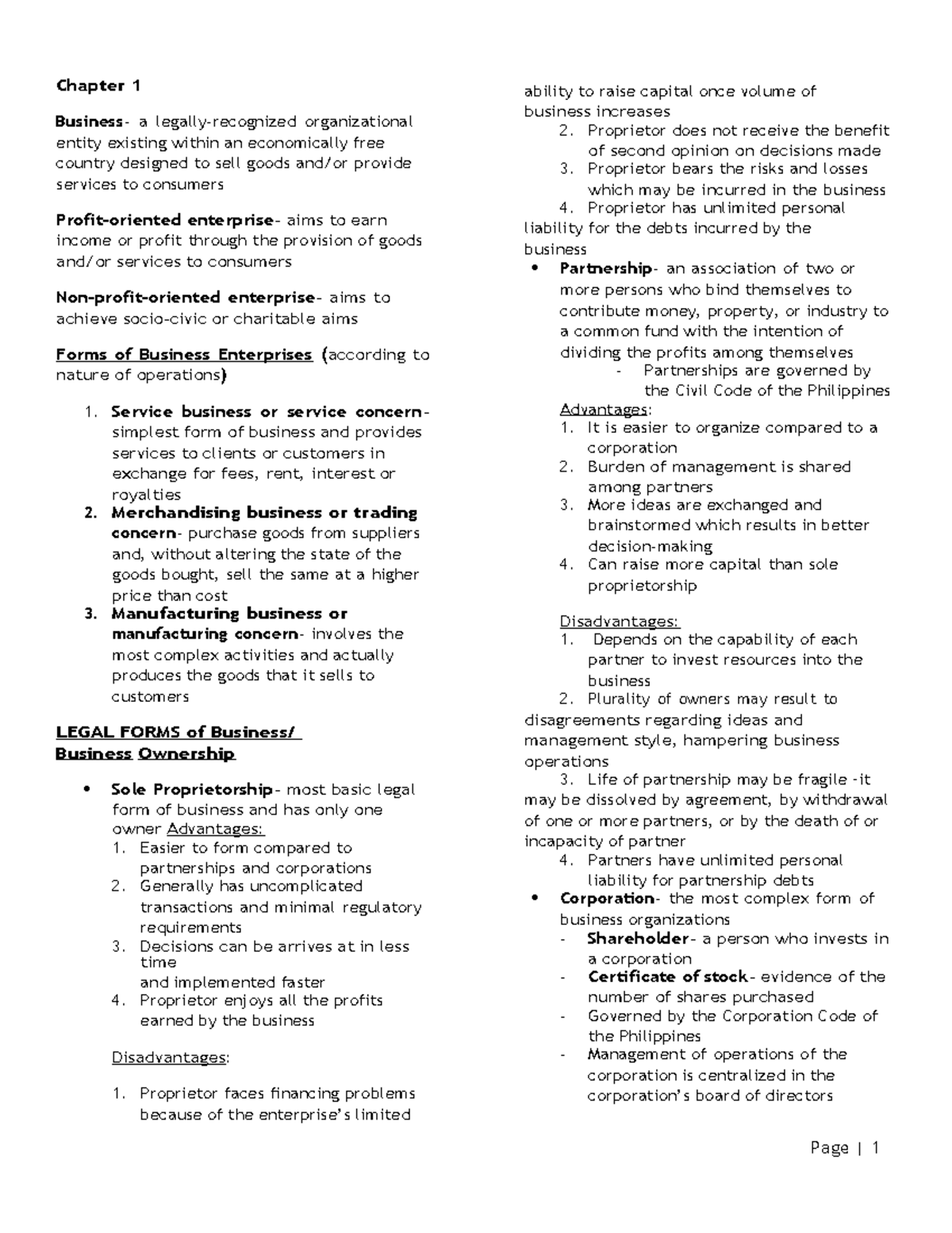 Basic Accounting Reviewer - Chapter 1 Business- a legally-recognized ...