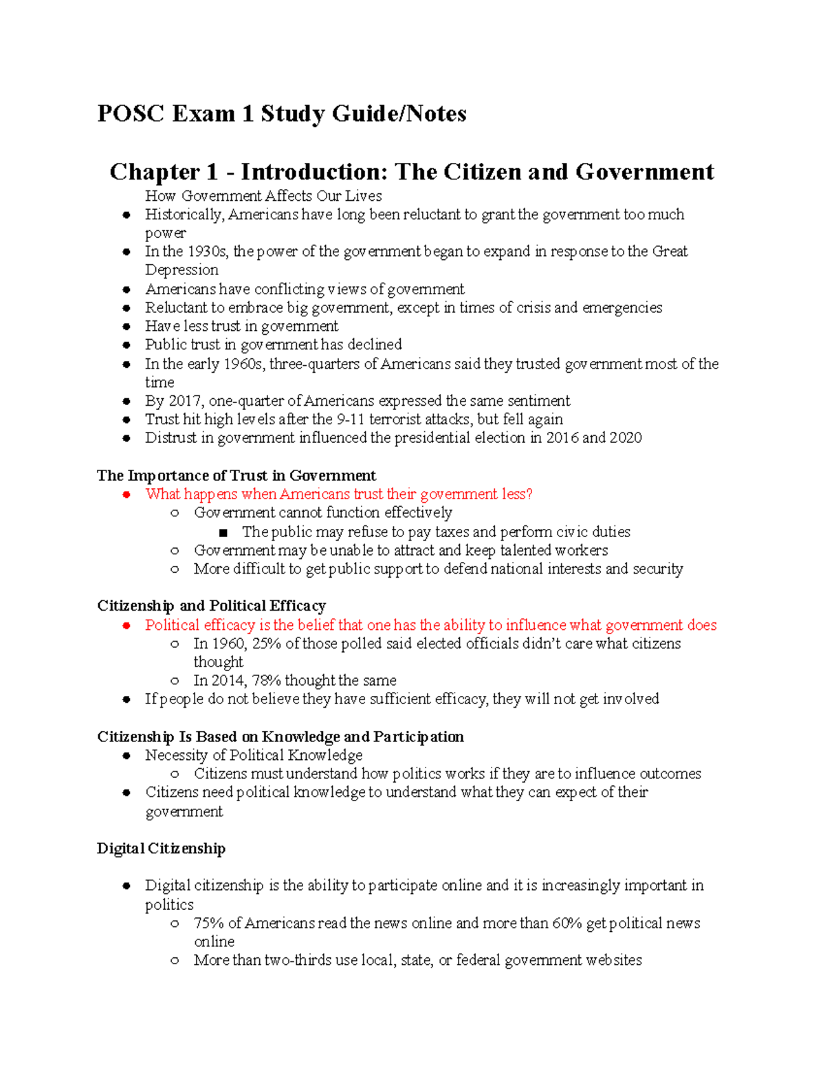 POSC Exam 1 Study Guide Notes - POSC Exam 1 Study Guide/Notes Chapter 1 ...