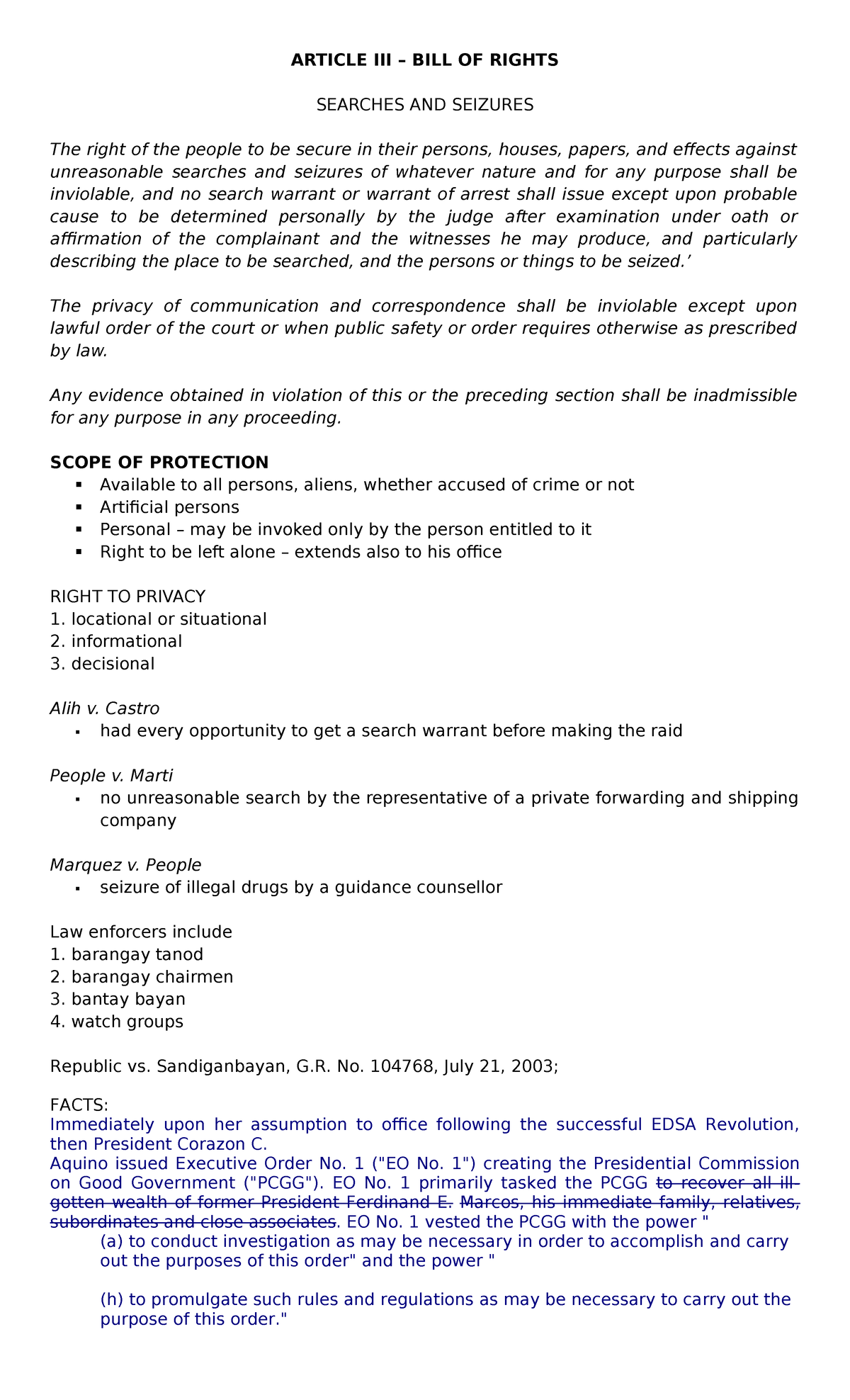 Constitutional Rights - ARTICLE III – BILL OF RIGHTS SEARCHES AND ...