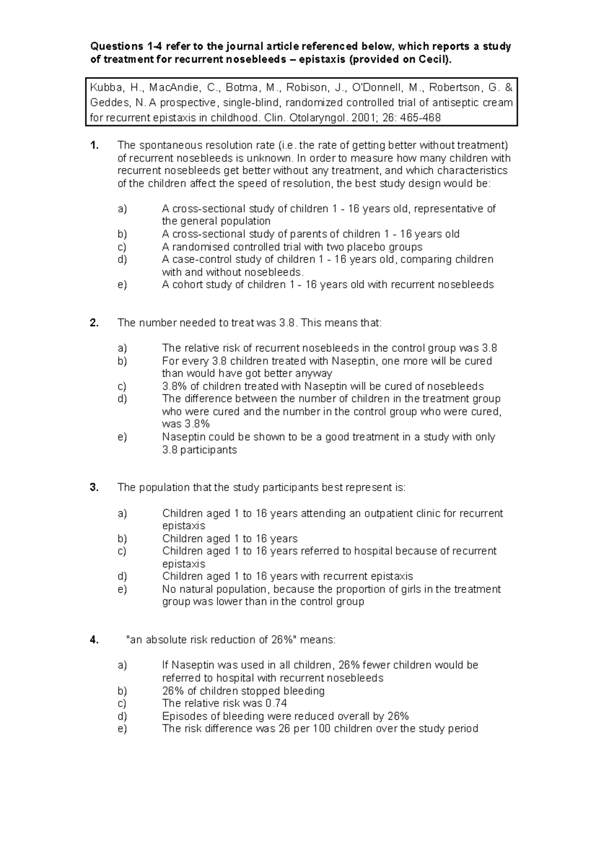 Sample/practice exam - Questions 1-4 refer to the journal article ...