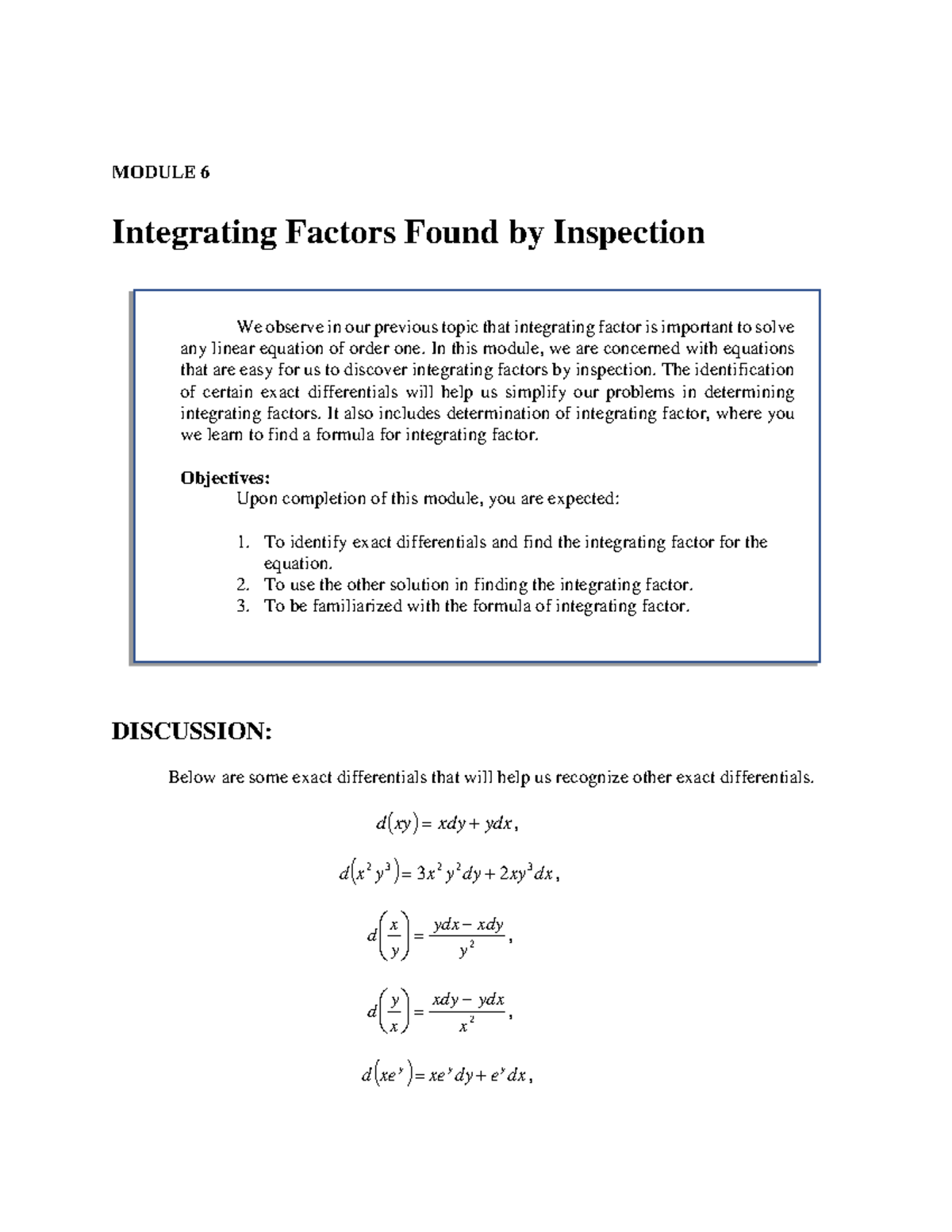 Integrating Factors Found By Inspection Department Of Mathematics And Physics 1 St Sem Sy 2020