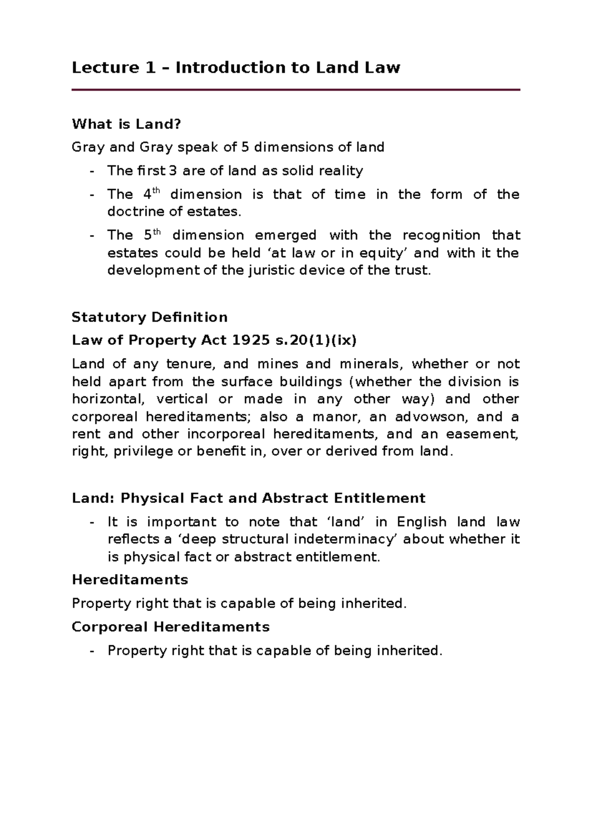 1. Introduction to Land Law - Lecture 1 – Introduction to Land Law What ...