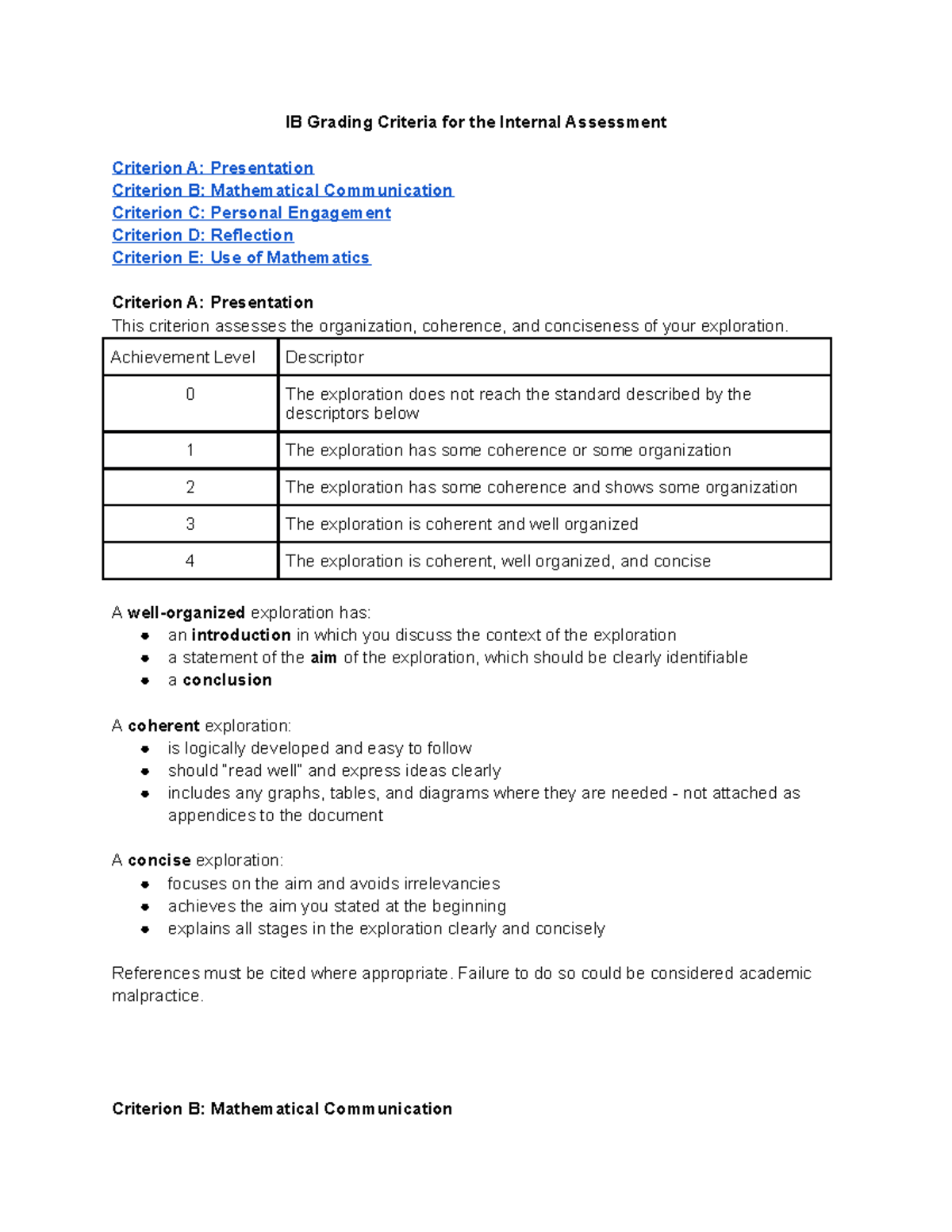 Student IA Rubric And Descriptors - IB Grading Criteria For The ...