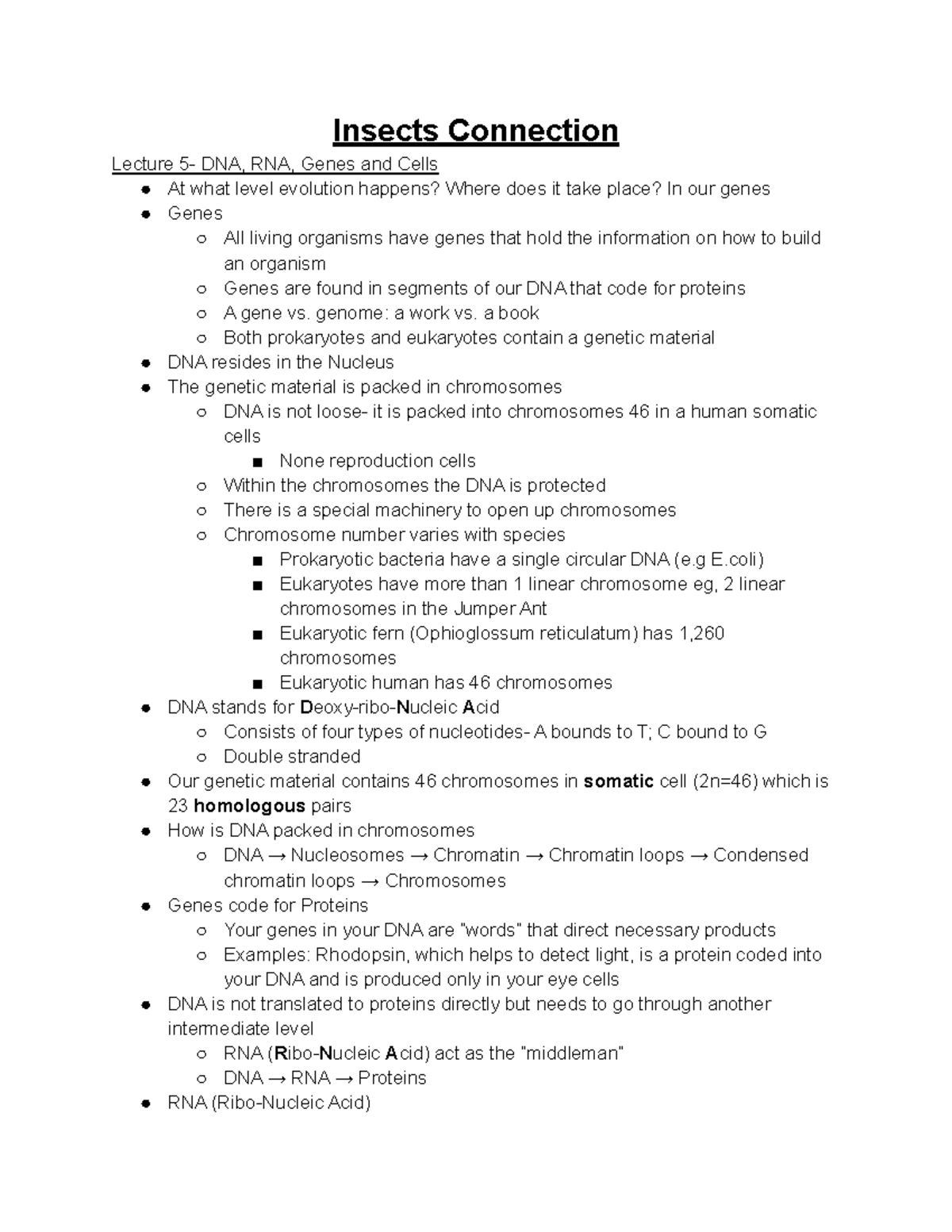 ENT 202 Lecture Notes #5 - Insects Connection Lecture 5- DNA, RNA ...