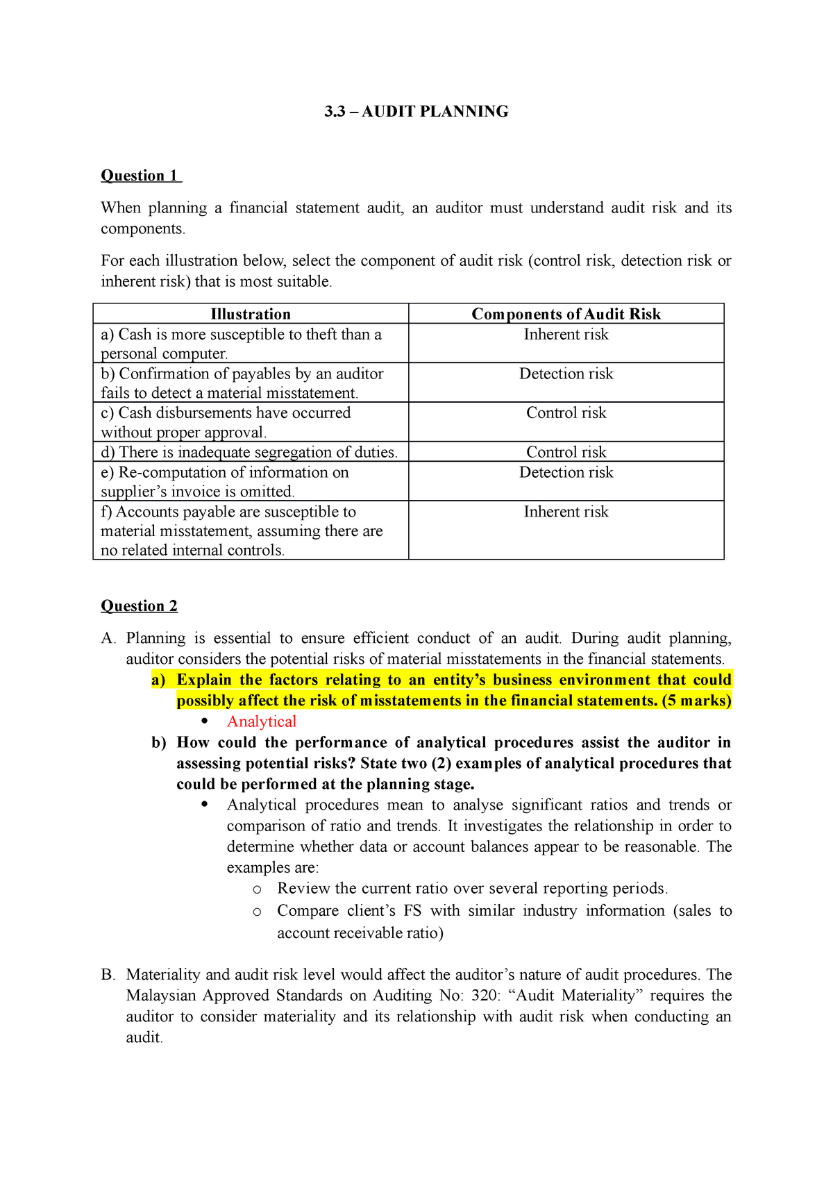 Exam 13 August 2020, Questions And Answers - 3 – AUDIT PLANNING ...