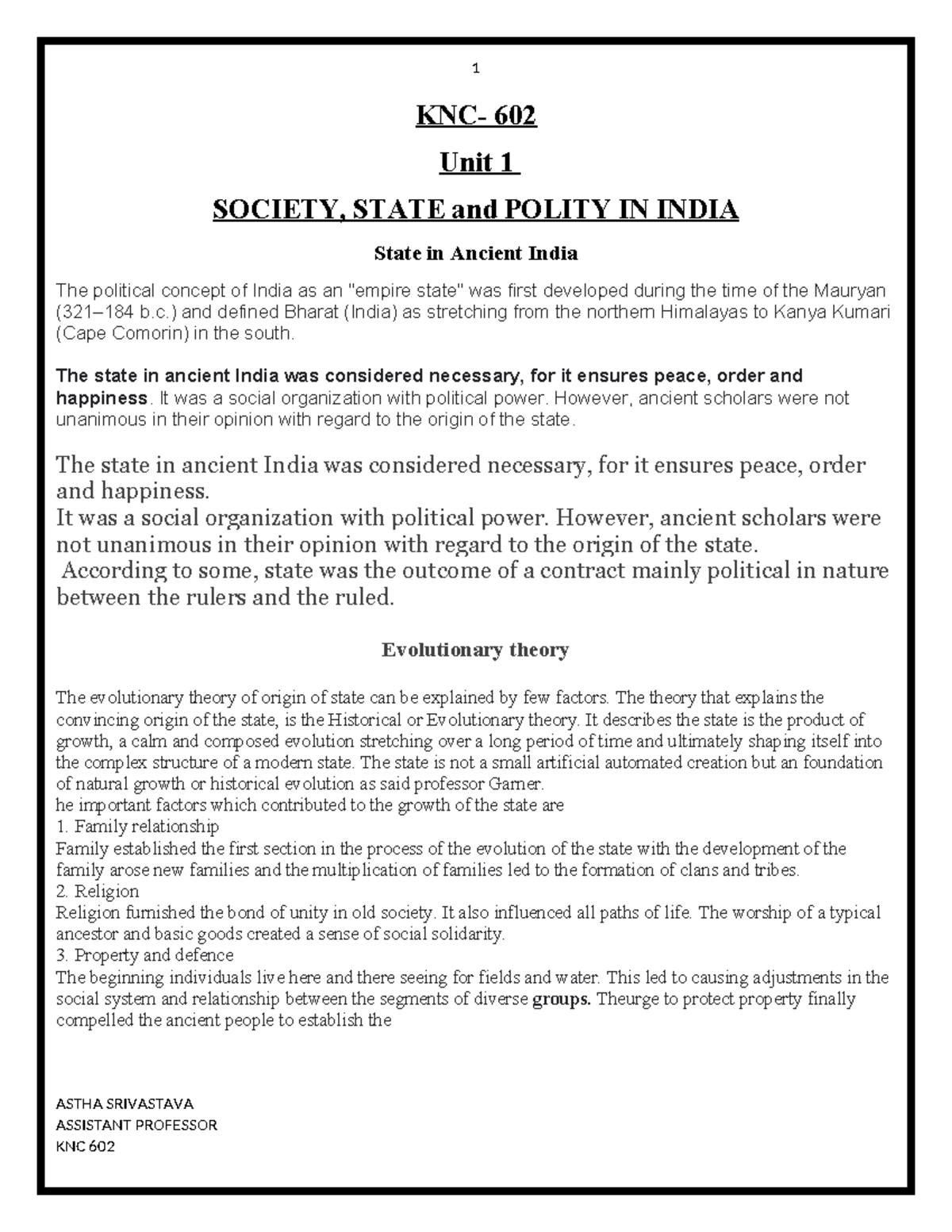ITCS unit 1 - ddd - KNC- 602 Unit 1 SOCIETY, STATE and POLITY IN INDIA ...