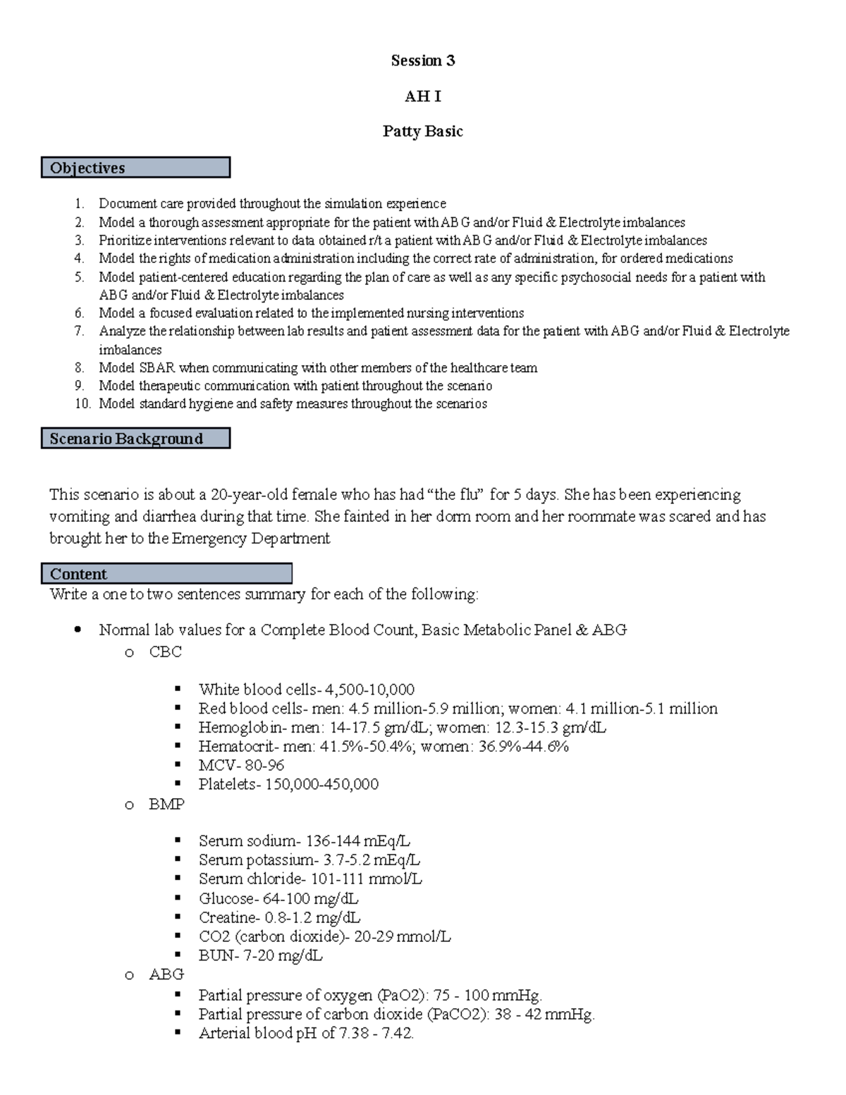 Student Simulation Preparation Worksheet AH I Session 3 Patty Basic ...