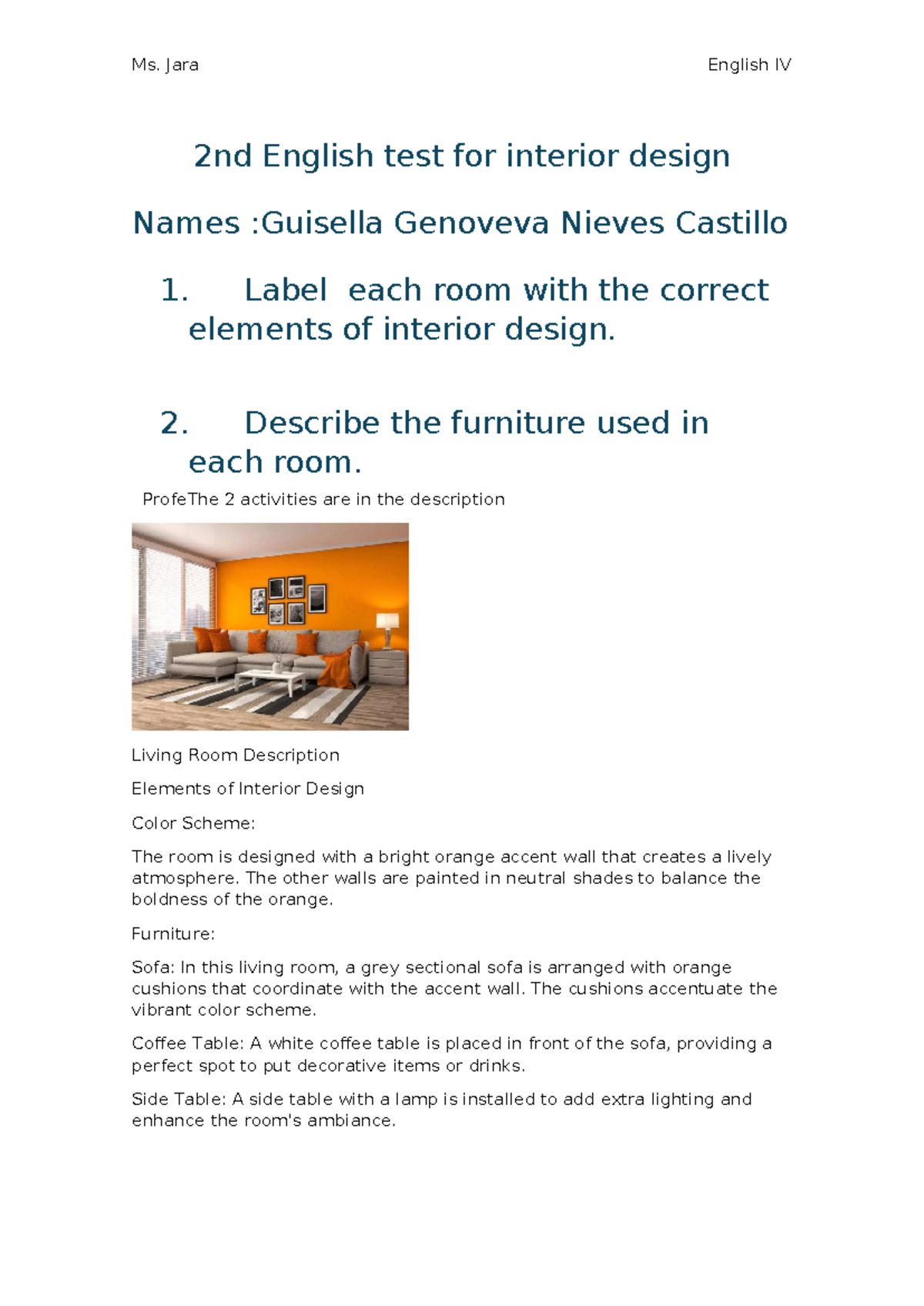 Ingles continua 2 - 2nd English test for interior design Names ...