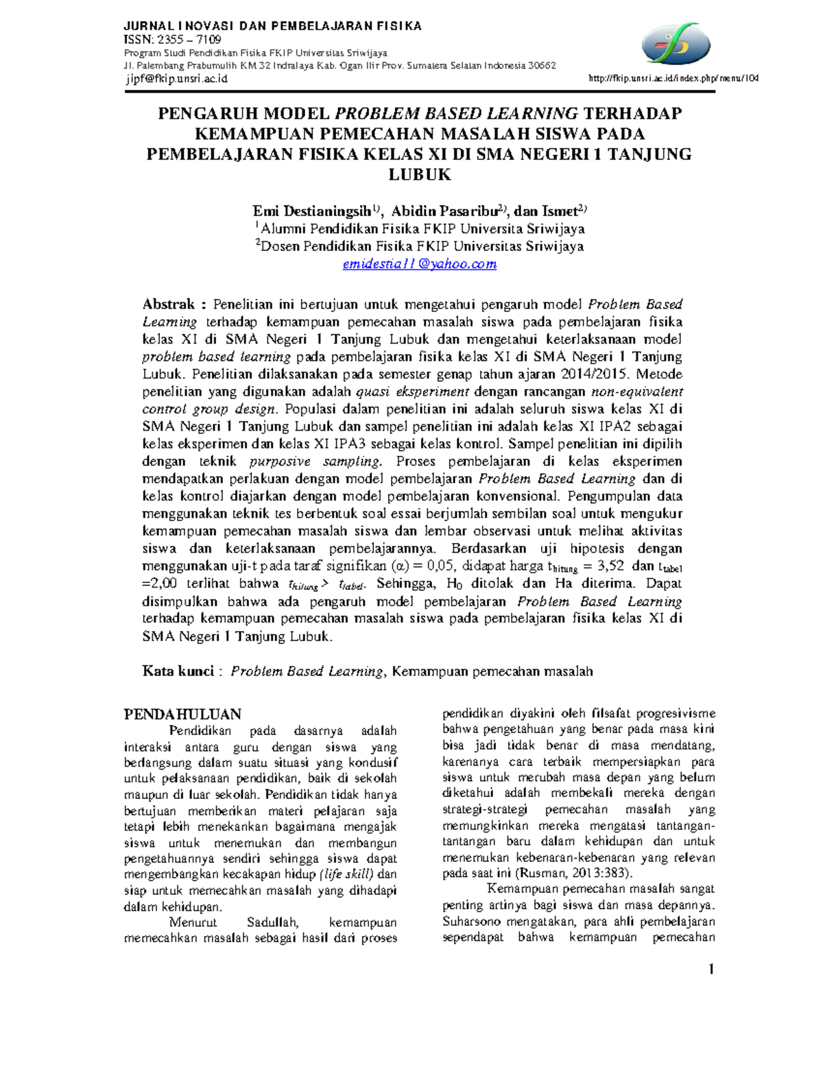 Pengaruh PBL Terhadap Pembelajaran Fisika - JURNAL I NOVASI DAN PEM ...