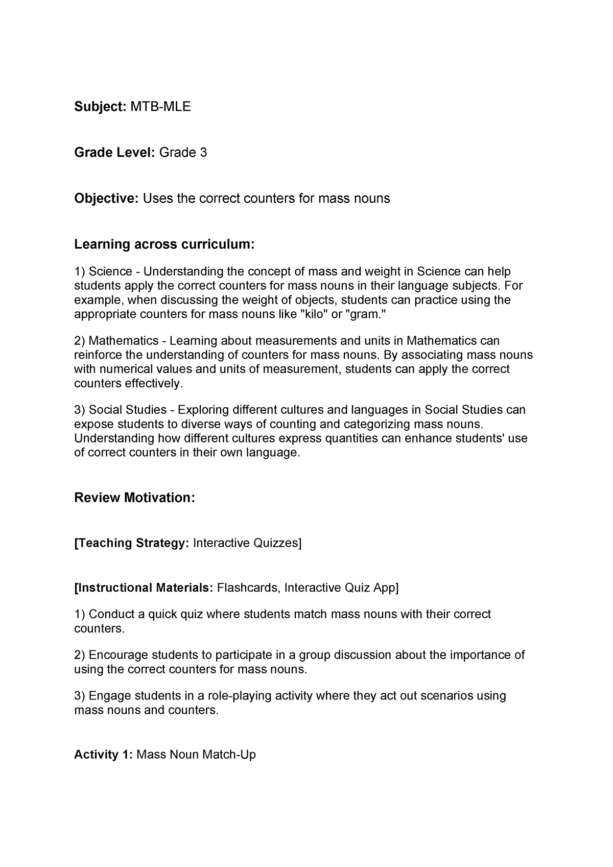 Lesson Plan In English 3 - Subject: MTB-MLE Grade Level: Grade 3 ...