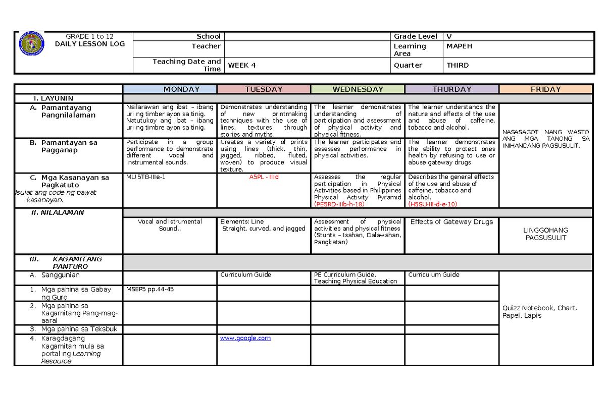 DLL Mapeh 5 (Q3-W4) - ASSINGNMENT - GRADE 1 to 12 DAILY LESSON LOG ...