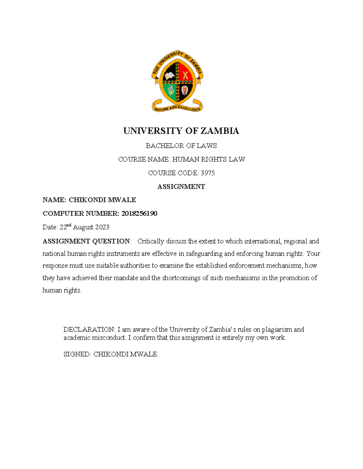 UNZA LPU 2995 evening -3975 Human Rights Assignment - UNIVERSITY OF ...