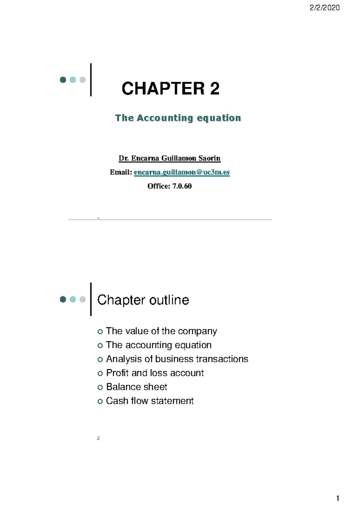 Chapter 2 (students) - 1 The Accounting equation CHAPTER 2 Dr. Encarna ...