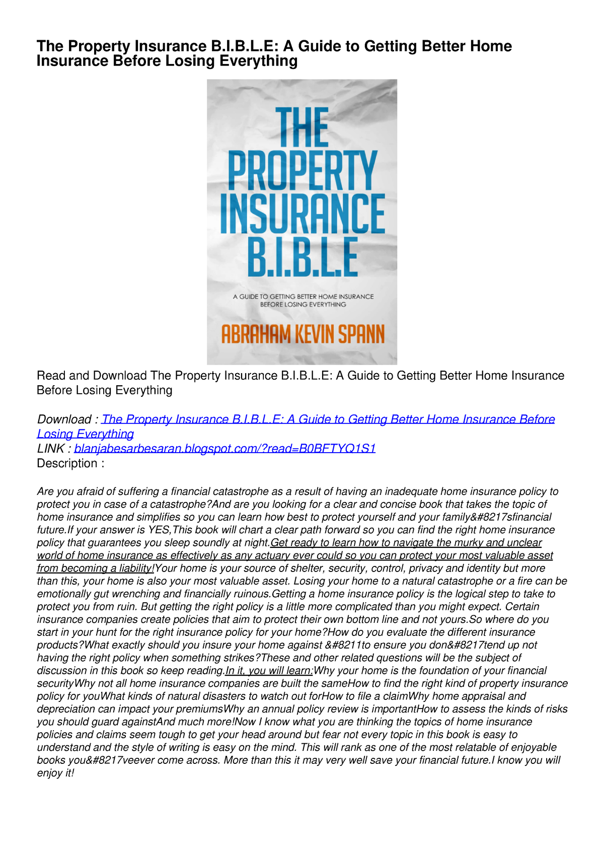 [PDF] READ] Free The Property Insurance B.I.B.L.E: A Guide To Getting ...