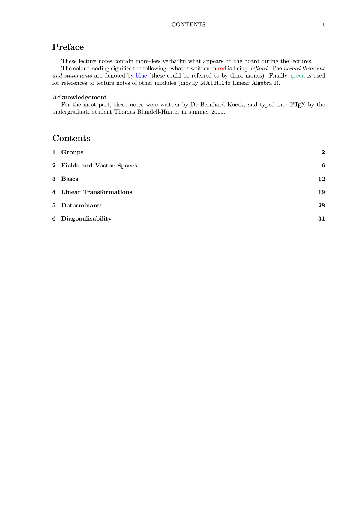 Linear Algebra II Notes - CONTENTS 1 Preface These Lecture Notes ...