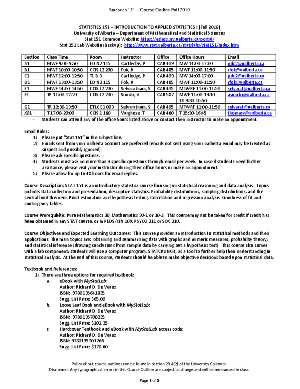 Stat 151 Fall 2019 Syllabus - 3 - Policy about course outlines can be ...