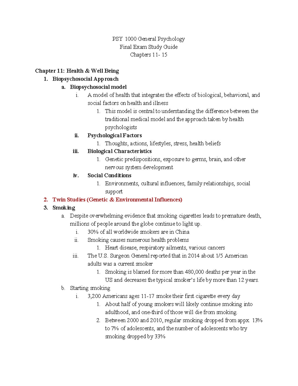 PSY 1000 General Psychology Final Exam Study Guide - PSY 1000 General ...