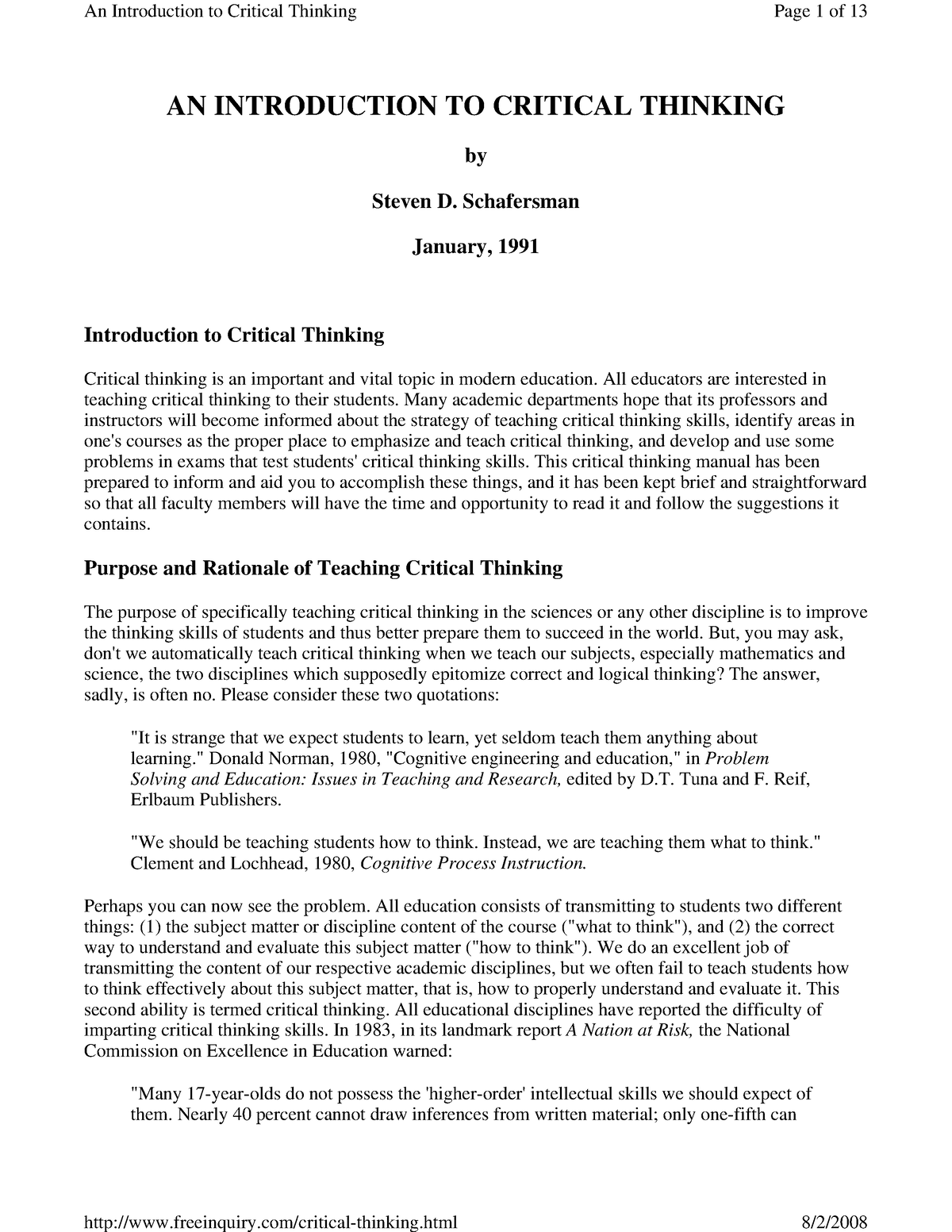 schafersman s d (1991) an introduction to critical thinking