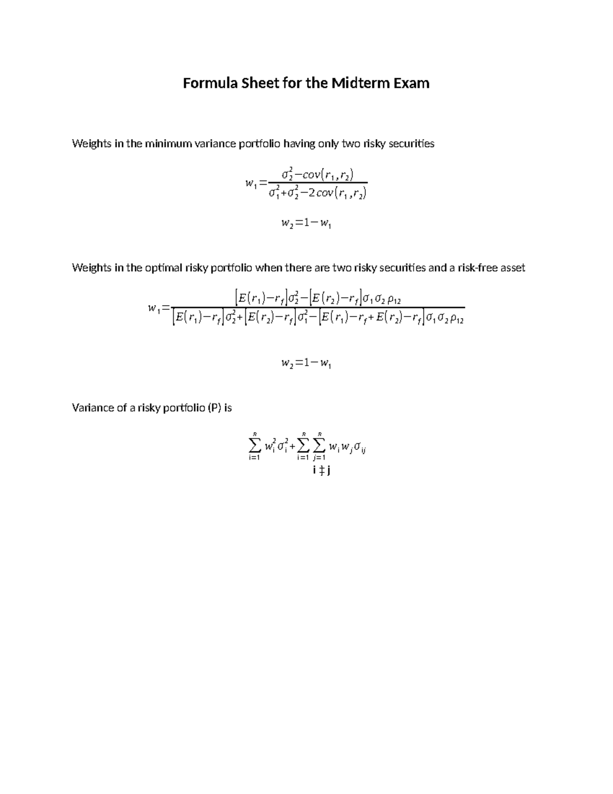 Formula Sheet for Midterm Fina 385 - Formula Sheet for the Midterm Exam ...