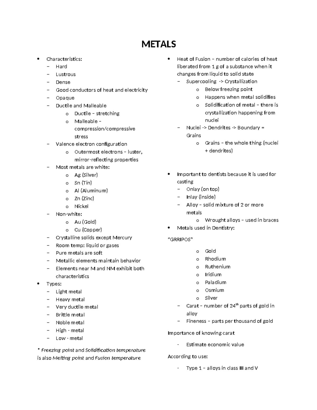 Metals - Dent mat - METALS Characteristics: - Hard - Lustrous - Dense ...