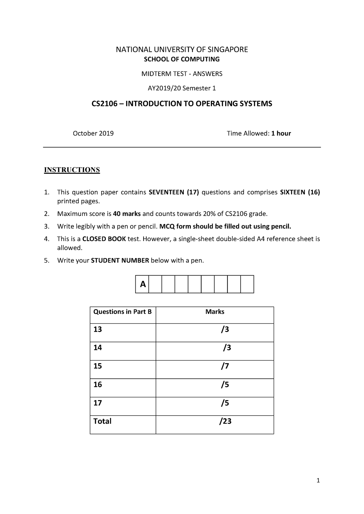 Cs2106 Operating Systems Ay1920 Sem1 Midterm Answers - National 