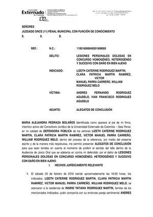 Formato Alegatos de Conclusión delito lesiones personales - JUZGADO ONCE  (11) PENAL MUNICIPAL CON DE - Studocu