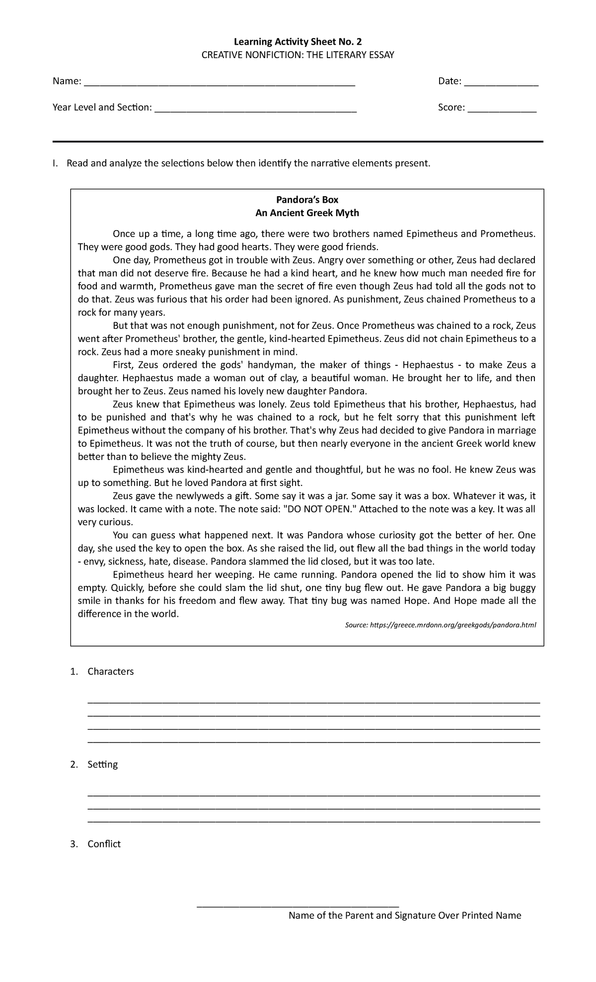 Activity-2 - both - Learning Activity Sheet No. 2 CREATIVE NONFICTION