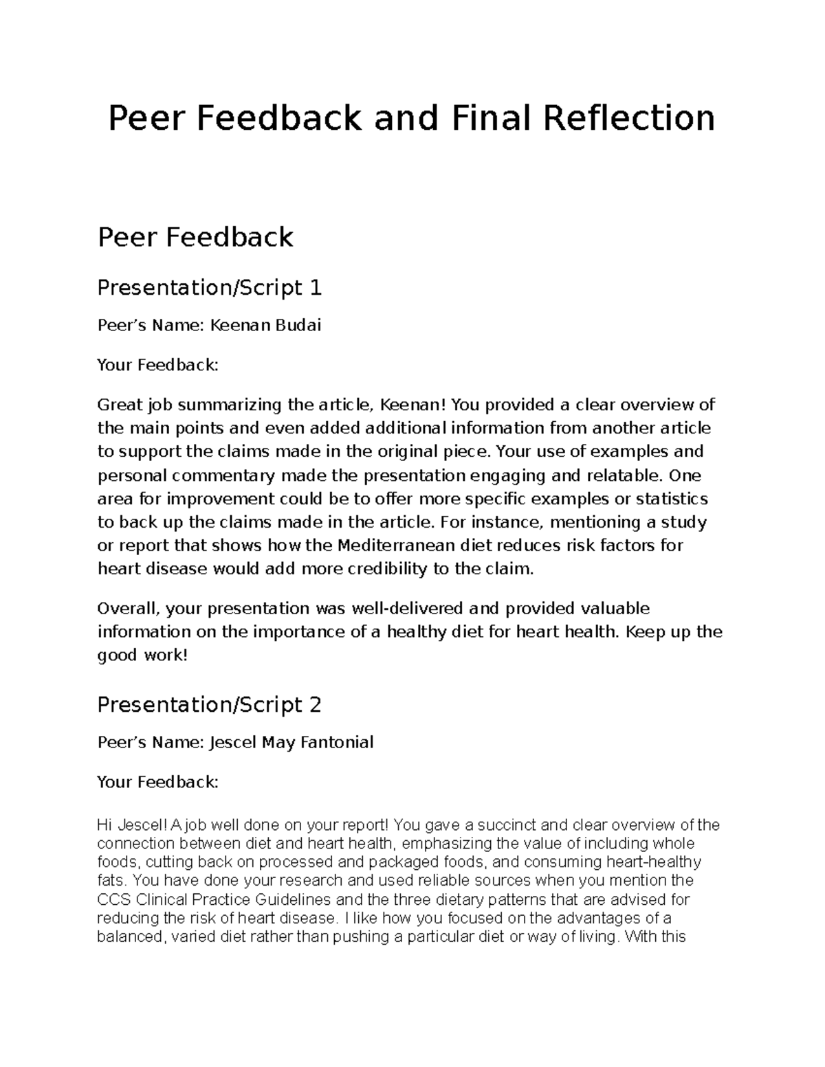 Peer Feedback and Final Reflection - CH-317 - Centennial College - Studocu