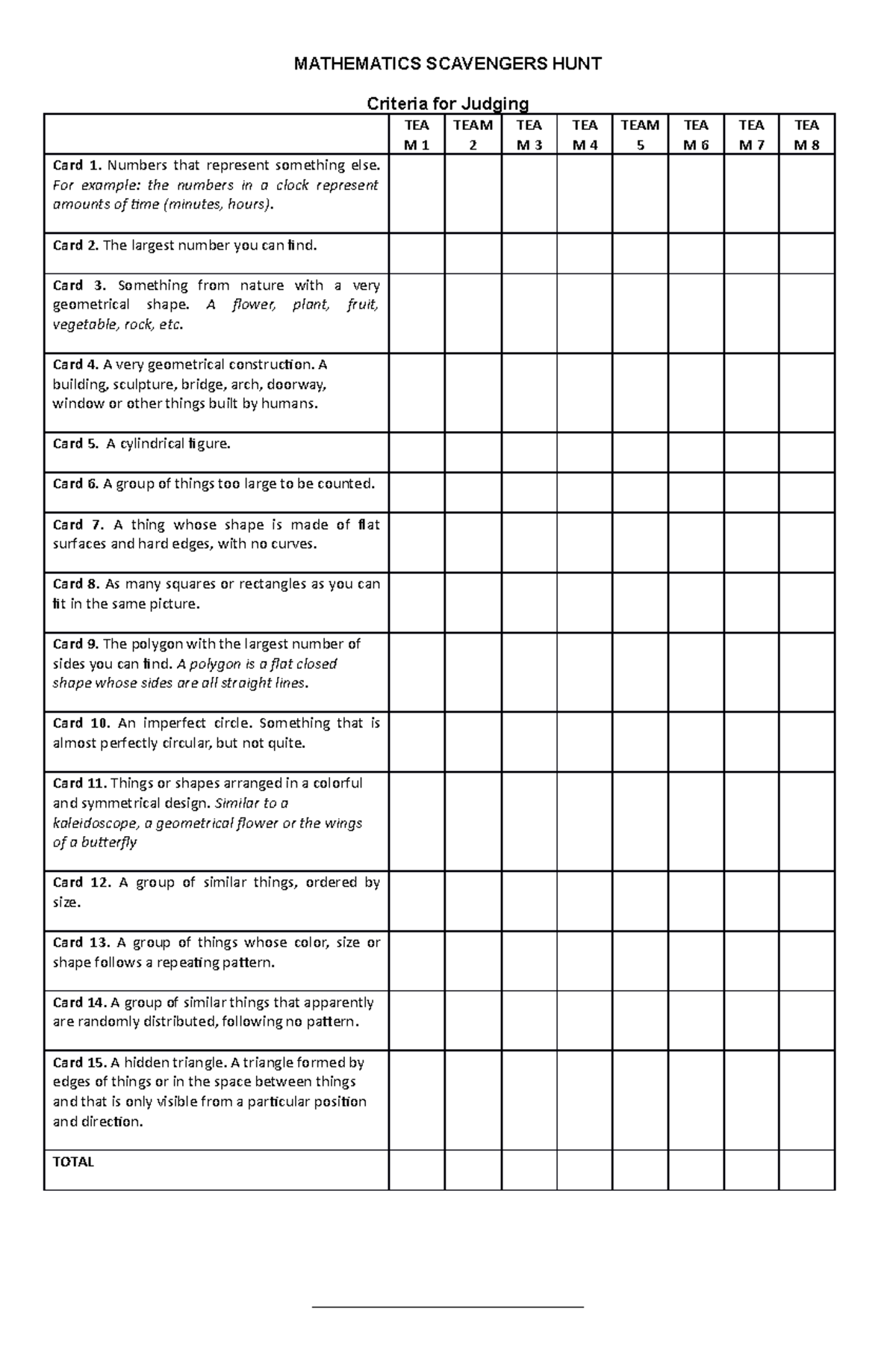 Criteria - good - MATHEMATICS SCAVENGERS HUNT Criteria for Judging TEA ...