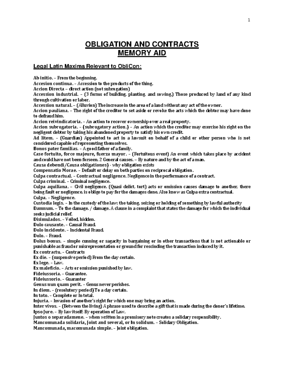 Note1oblicon - notes - OBLIGATION AND CONTRACTS MEMORY AID Legal Latin ...