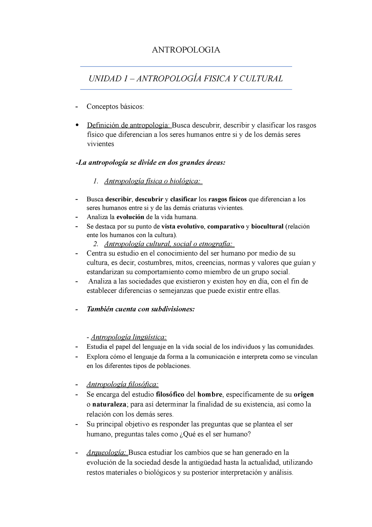 Antropologia ANTROPOLOGIA UNIDAD 1 ANTROPOLOGÍA FISICA Y CULTURAL