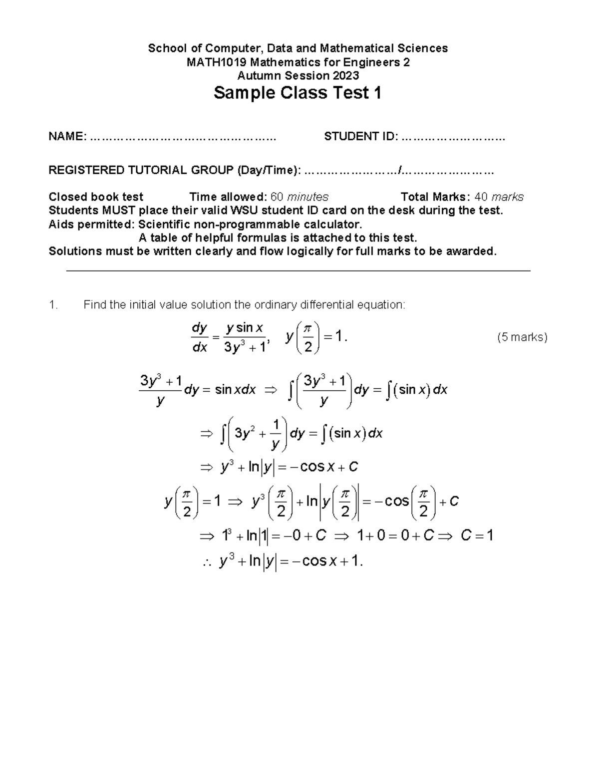 class test for maths 2 - School of Computer, Data and Mathematical ...