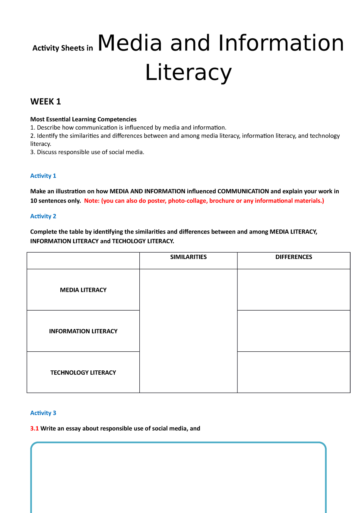 essay about media and information literacy