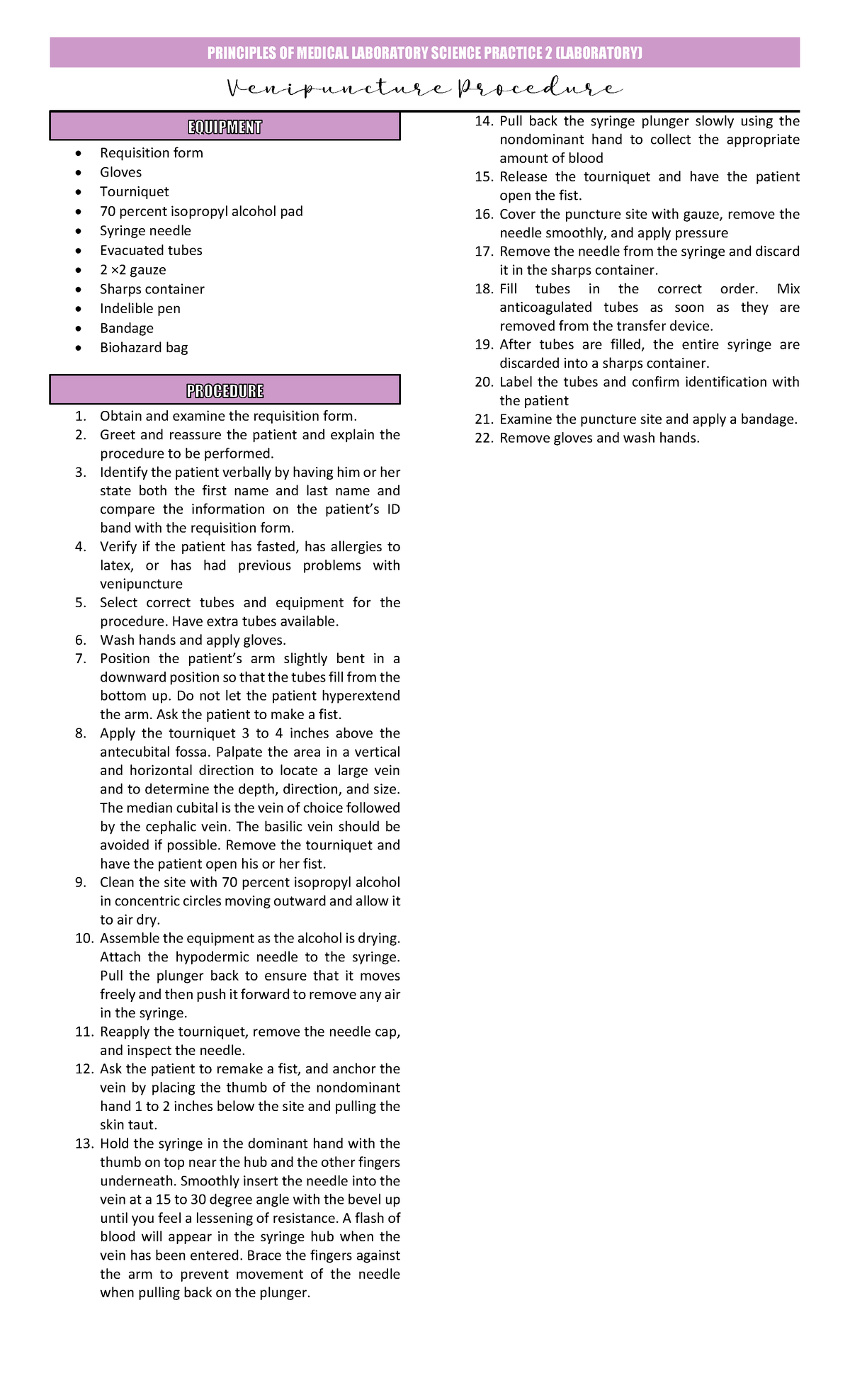 4. Venipuncture Procedure (Needle and Syringe) - PRINCIPLES OF MEDICAL