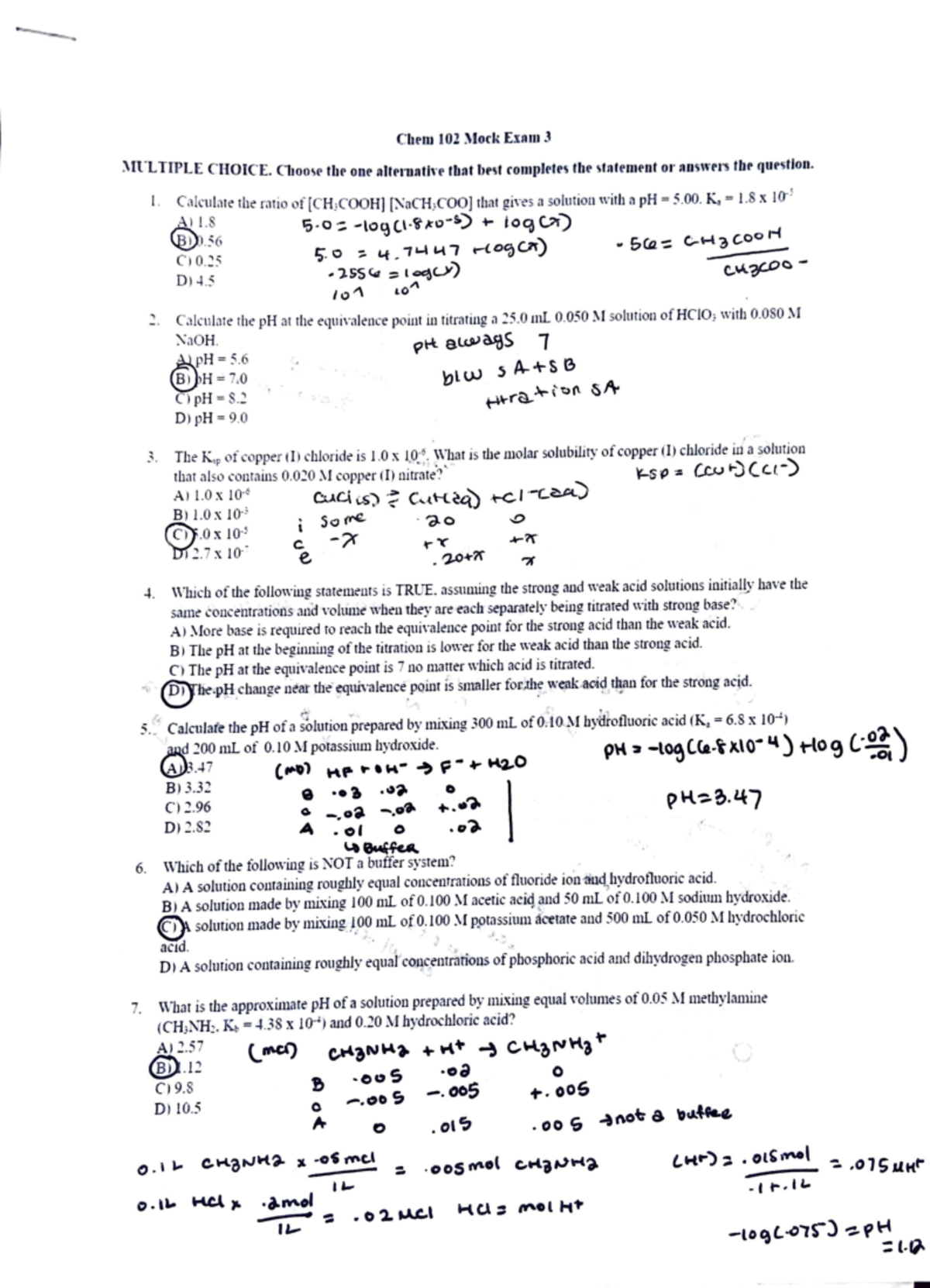 Chem 102 Exam 3 Mock Exam - C lmu IOZ )'fork [:mm 3 :\ffLT- TPLE CHOKE ...