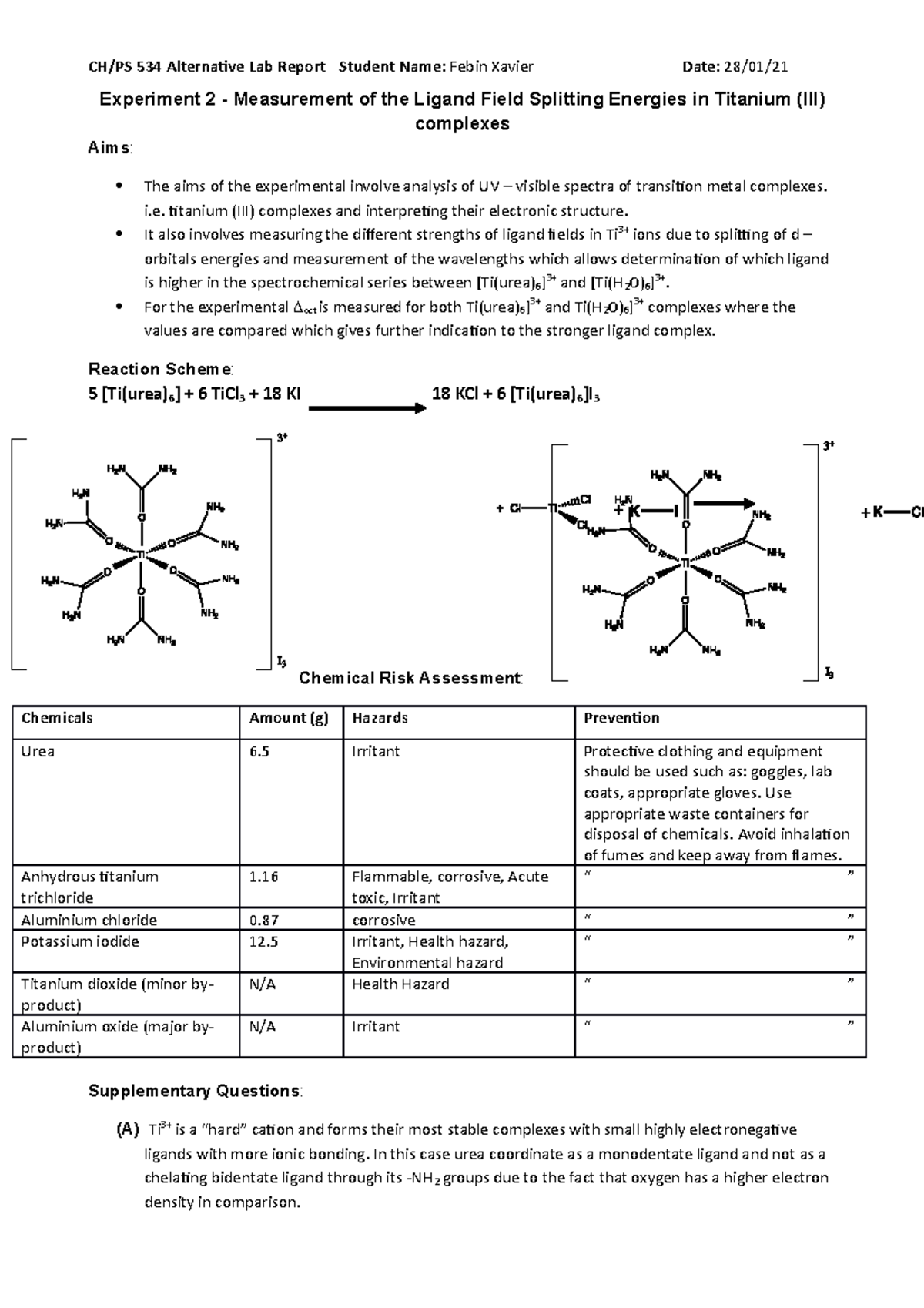 CH534 Experiment 2 lab report CH/PS 534 Alternative Lab Report