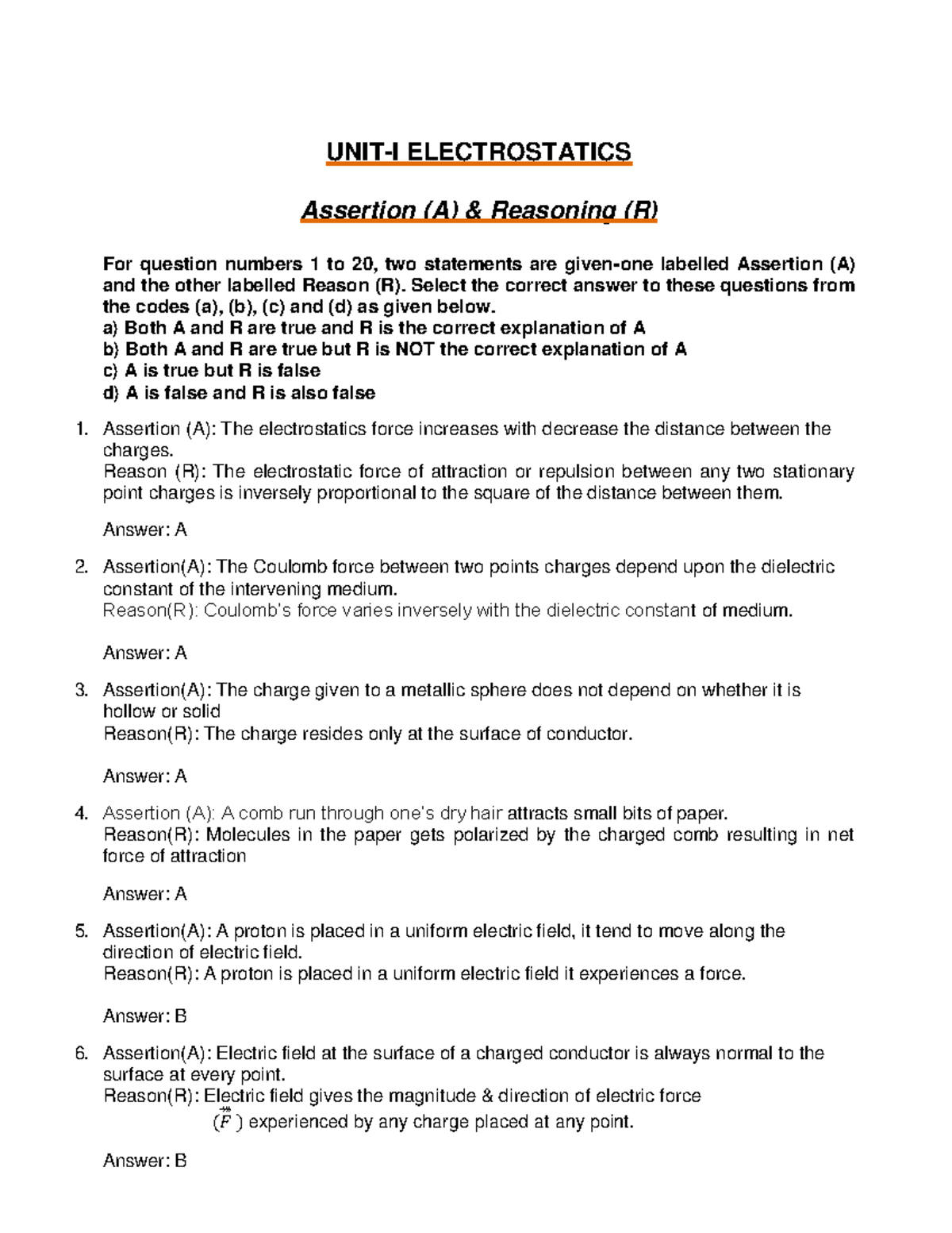 Electrostatics Assertion Reasoning And PBQ1 - UNIT-I ELECTROSTATICS ...