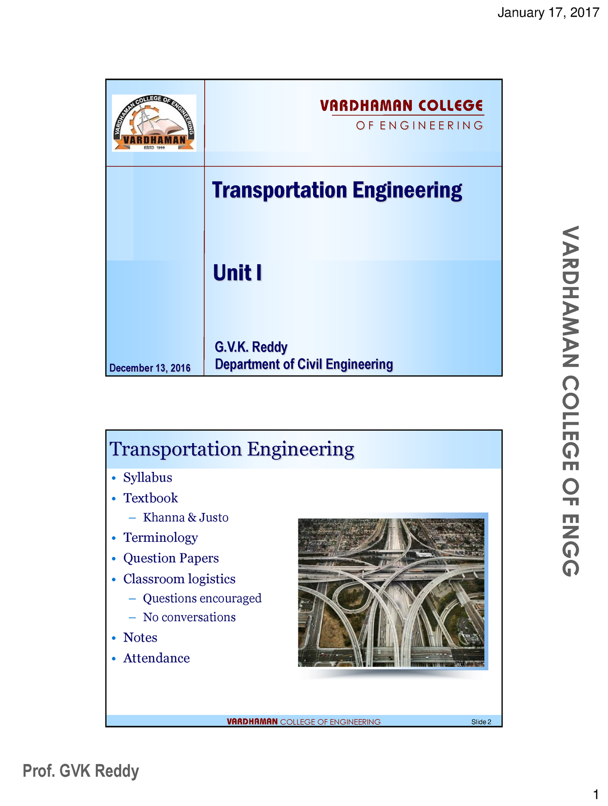 Transportation- Engineering - VARDHAMAN COLLEGE OF ENGG Prof. GVK Reddy ...