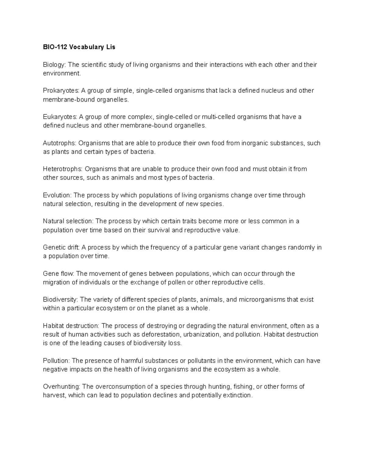 BIO-112 General Biology II Vocabulary List - BIO-112 Vocabulary Lis ...