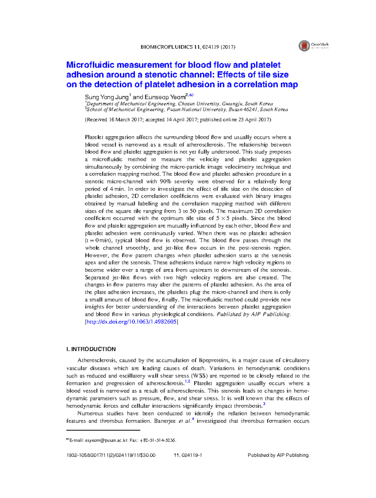 Microfluidic measurement for blood flow and platelet adhesion around a ...