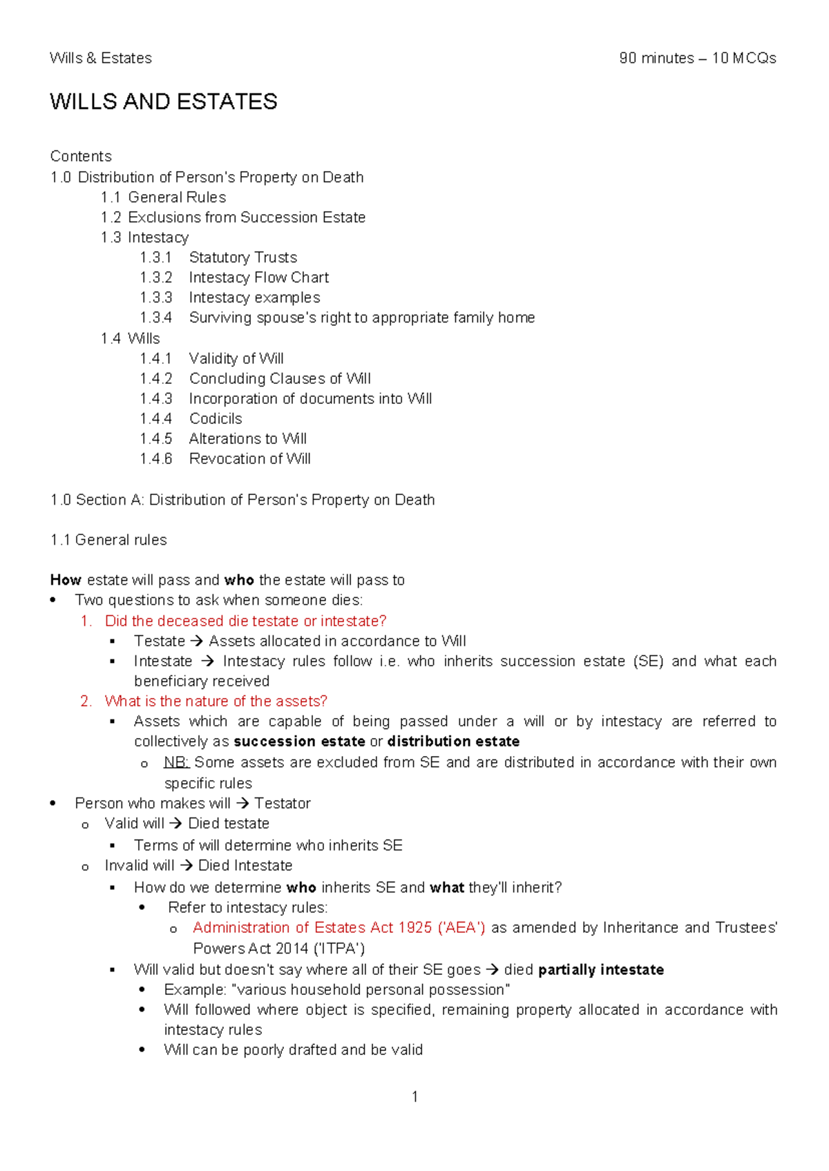 Wills and Estates - Based on lectures and reading materials provided by ...