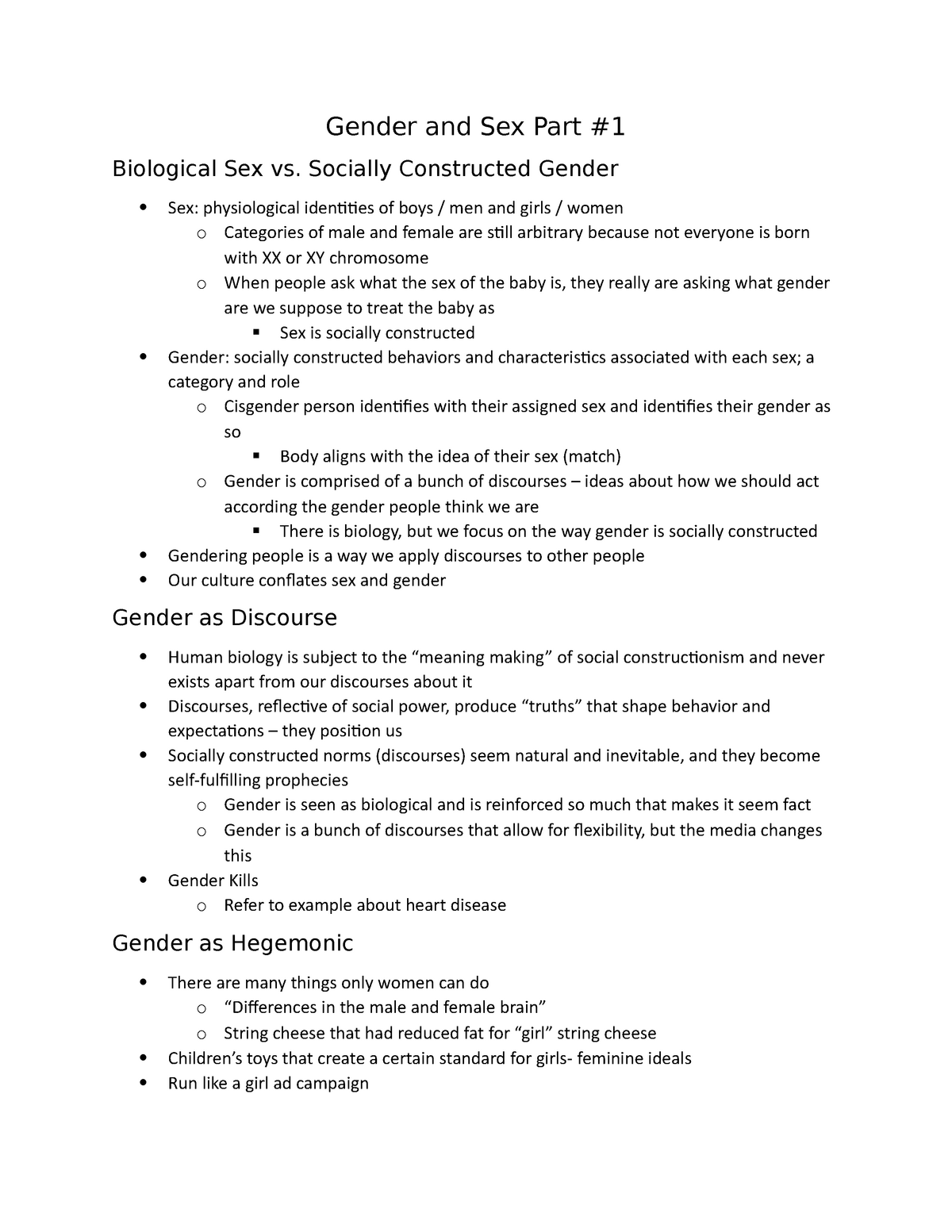 Gender And Sex Part 1 Lecture And Slide Notes Gender And Sex Part Biological Sex Vs Socially 2805
