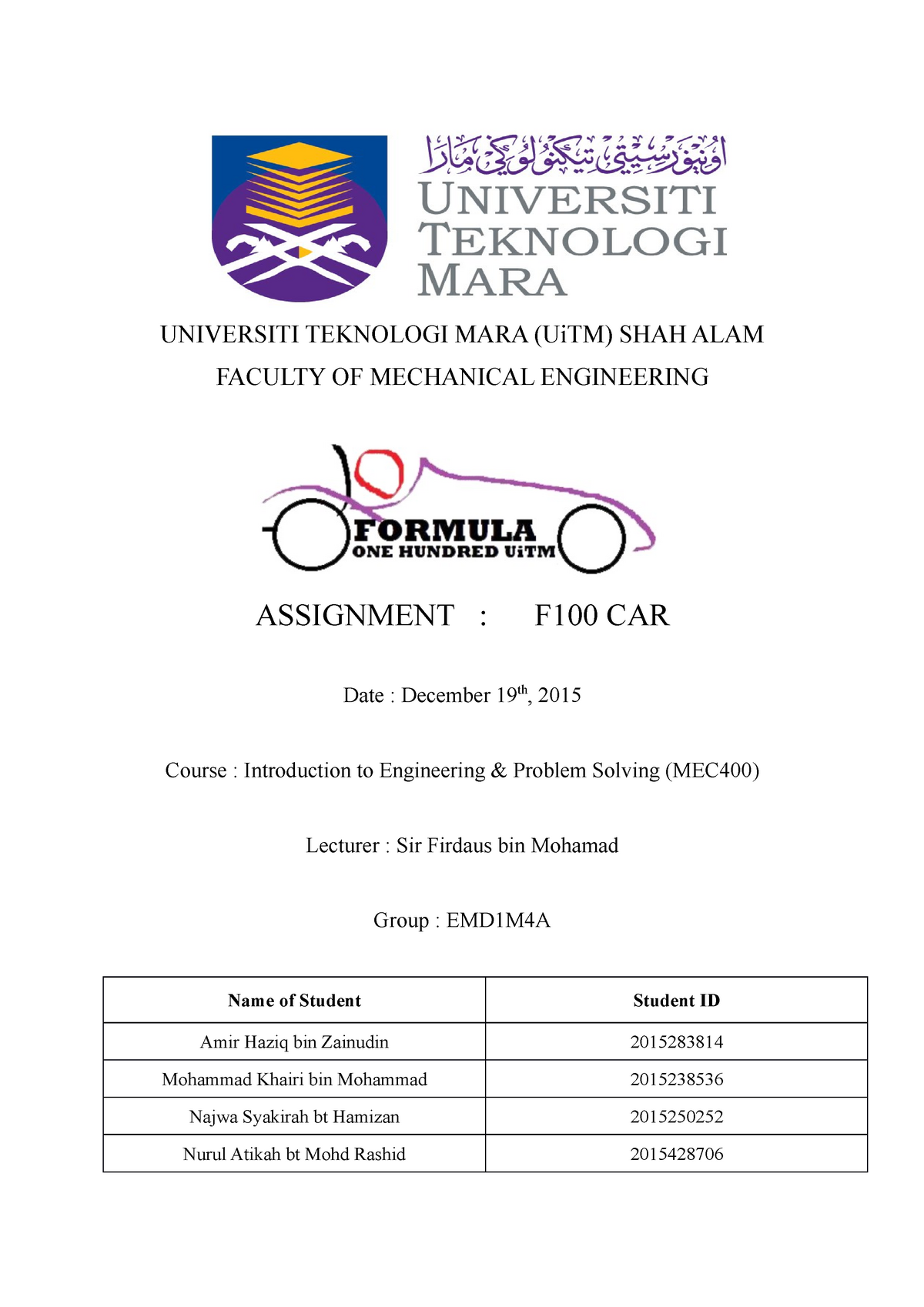 F100 Car Report Universiti Teknologi Mara Uitm Shah Alam Faculty Of Mechanical Studocu