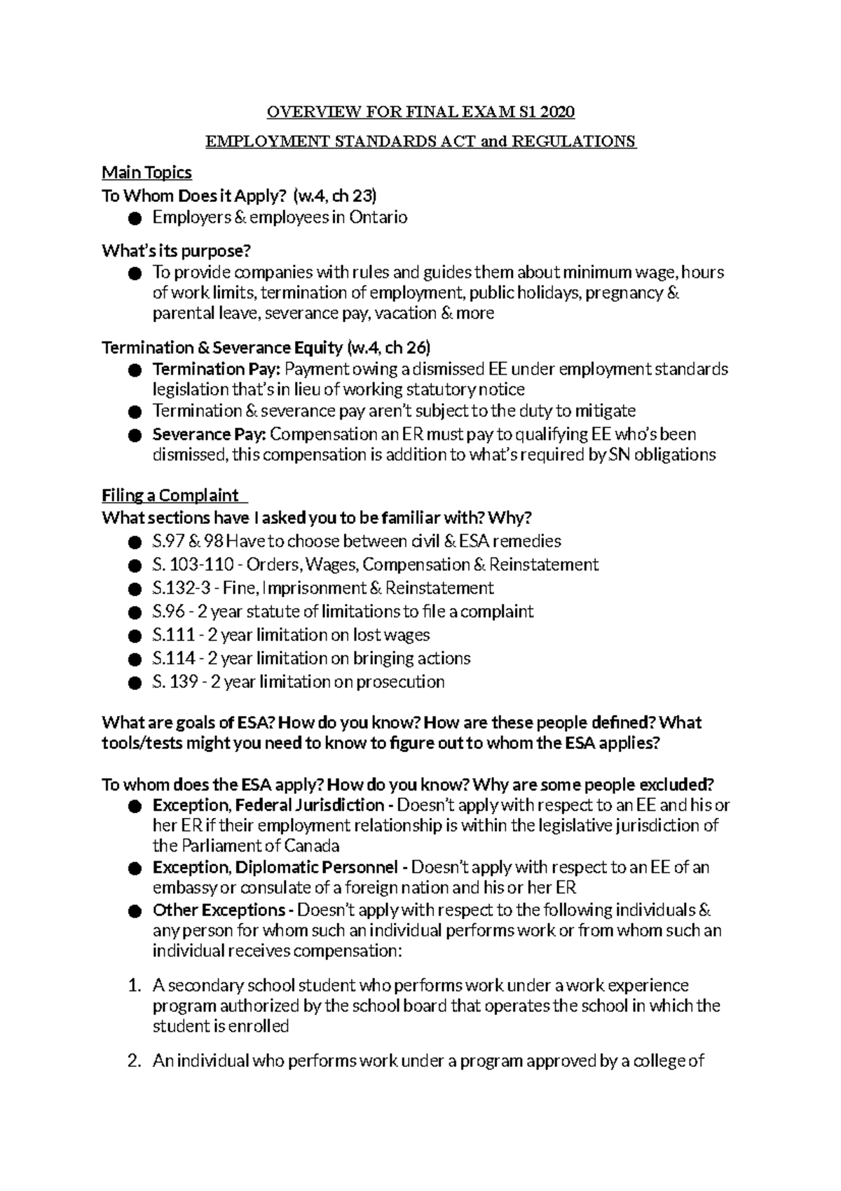 Employment Law - Final Study Guide - OVERVIEW FOR FINAL EXAM S1 2020 ...