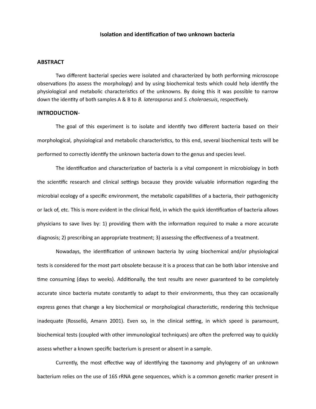 Examples of unknown lab reports for microbiology