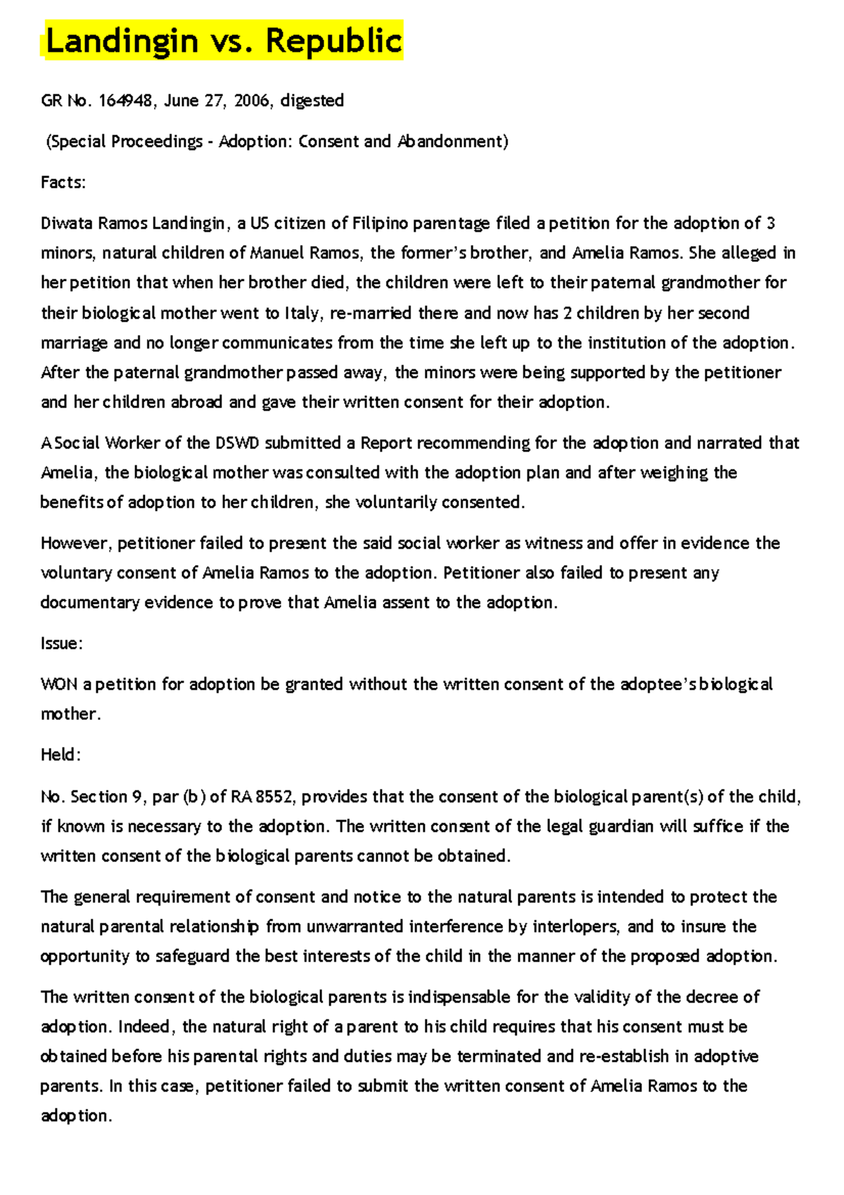 #3 Pfr Case Digests For Pfr/ Persons And Family - Landingin Vs ...