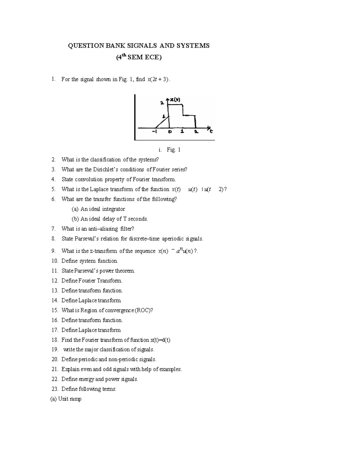 Signal and system question Set 3 QUESTION BANK SIGNALS AND SYSTEMS