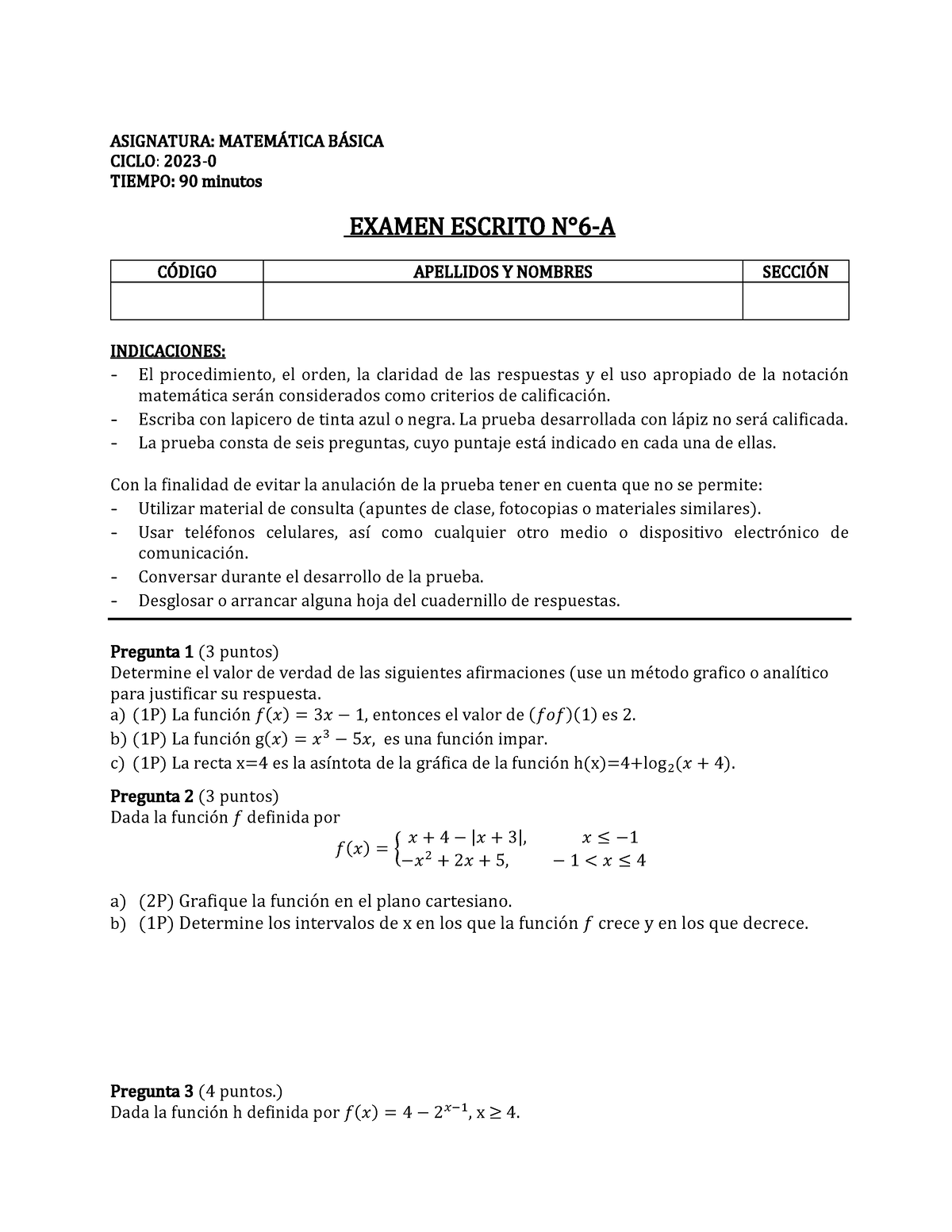 Examen Escrito 6 - A (2023-0) - ASIGNATURA: MATEM¡TICA B¡SICA CICLO ...